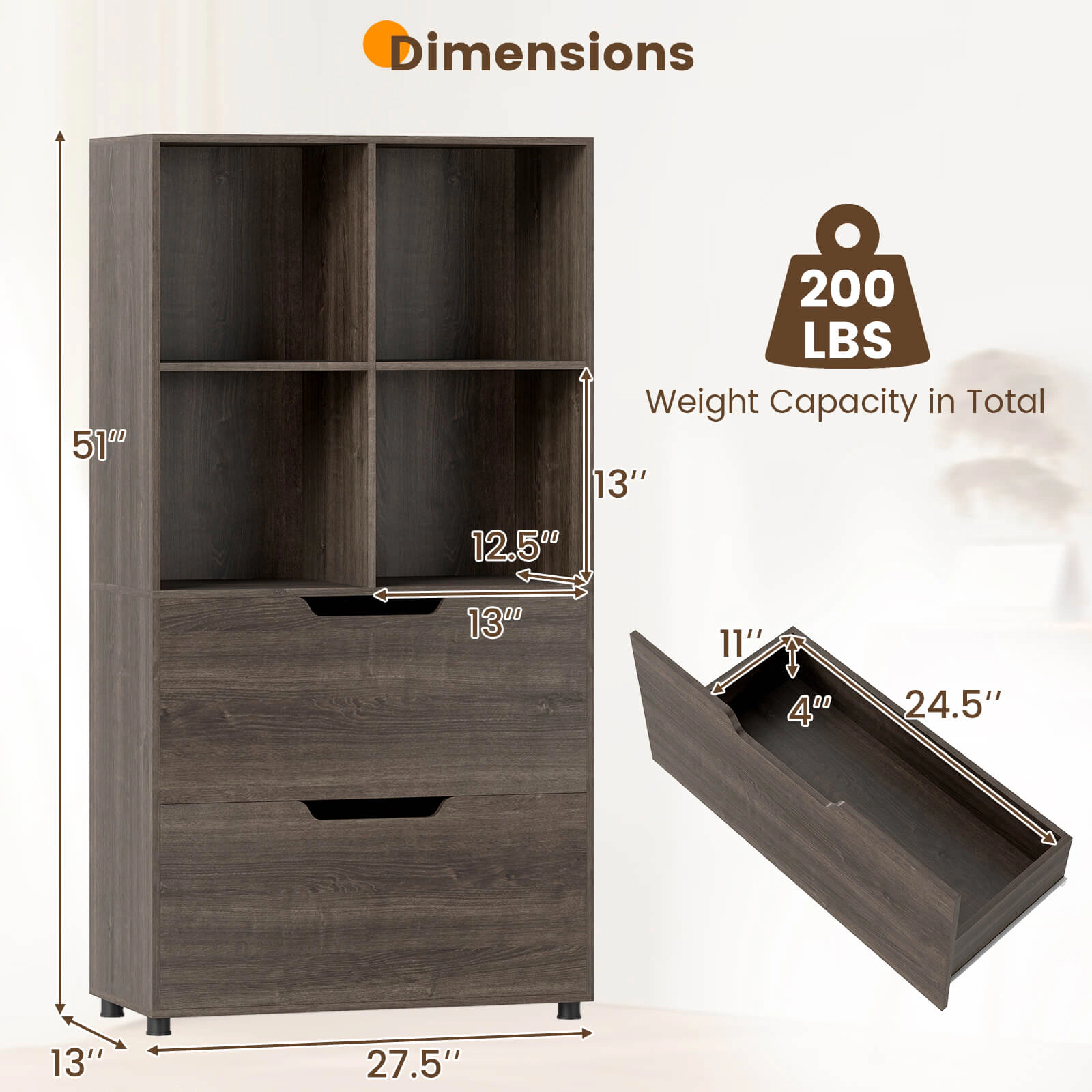 Costway 2 PCS 4-Cube Bookcase with Drawers, Tall Freestanding Bookshelf for Living Room Gray