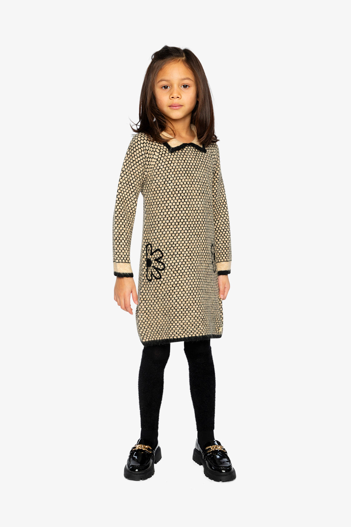 Deux par Deux Girls Honeycomb Knit Dress with Collar & Floral Embroidery