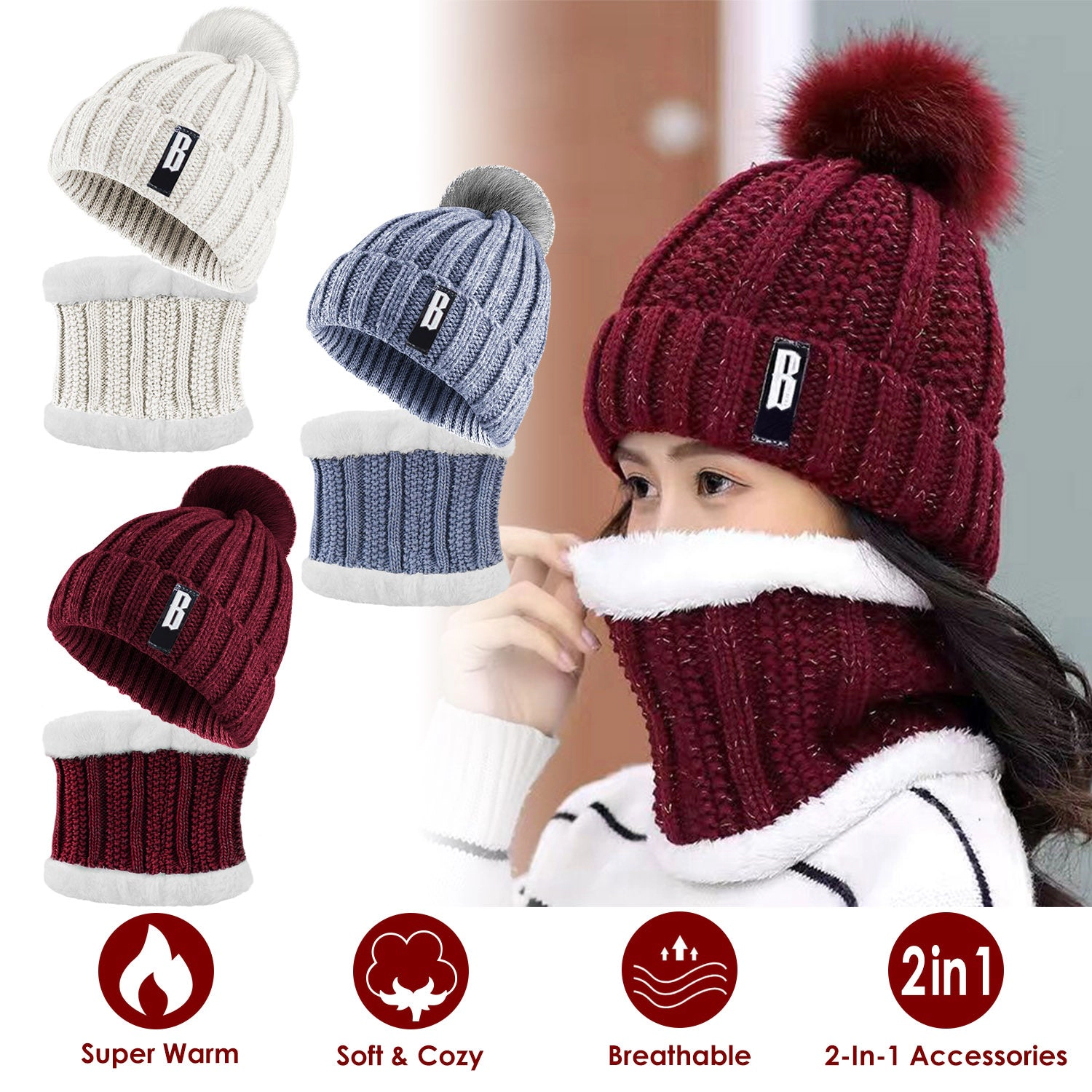 GBruno 2-in-1 Knit Beanie Hat And Scarf Set