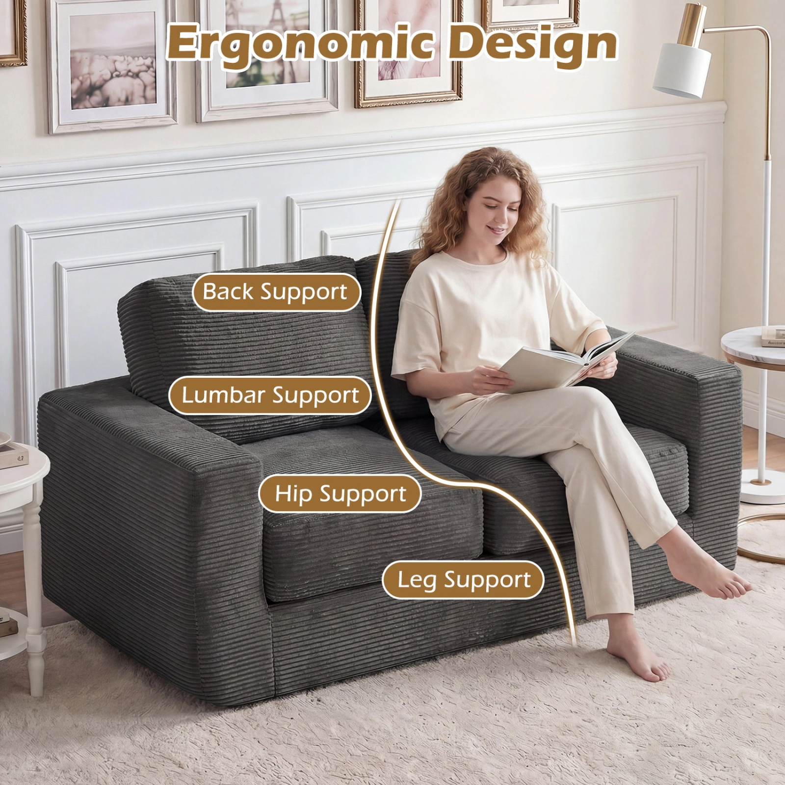 SUGIFT 2-Seater Floor Corduroy Loveseat Foam Sofa 62-in Frame 660-lb Capacity Removable Cover Black