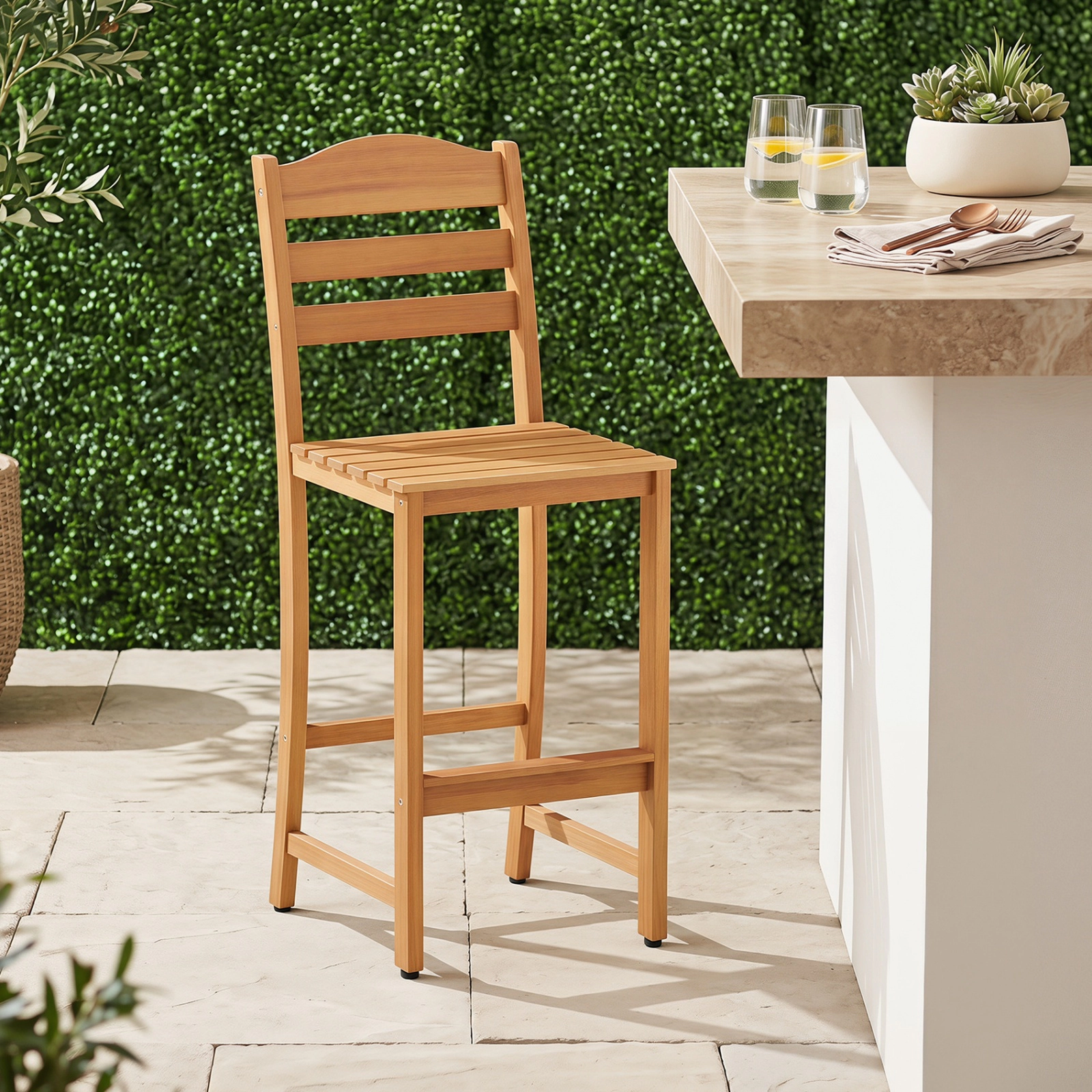SUGIFT Natural Slatted Seat and Built-In Footrest Solid Acacia Wood Outdoor Bar Stool