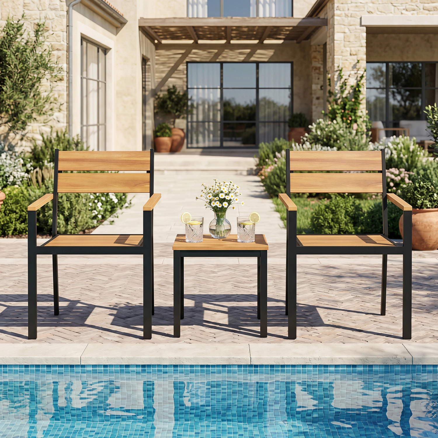 LJG 2 Piece Outside Patio Dining Chair with Acacia Armrest for Backyard Garden