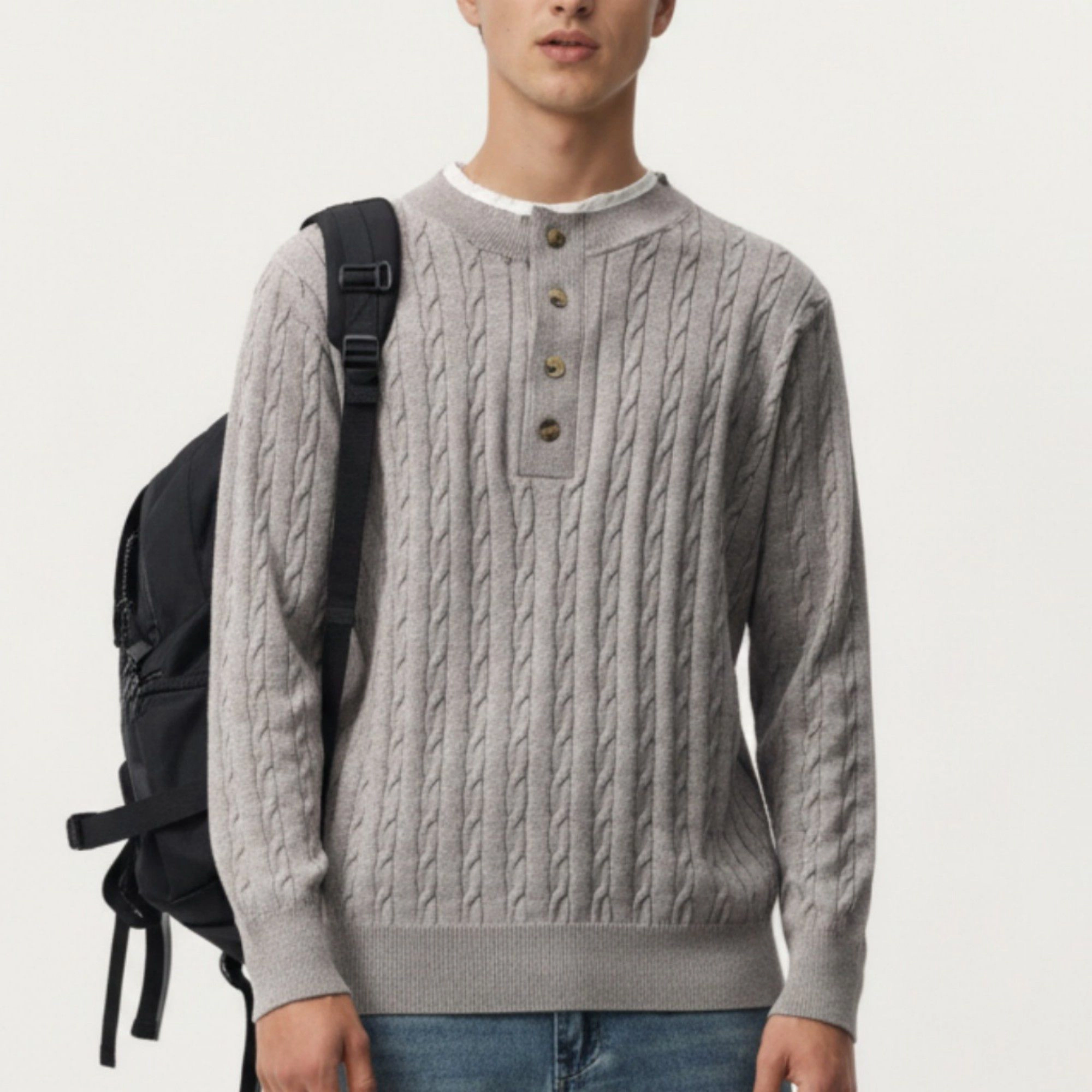 Anna-Kaci Men's Long Sleeve Cable Knit Henley Sweater with Button Placket and Ribbed Trim
