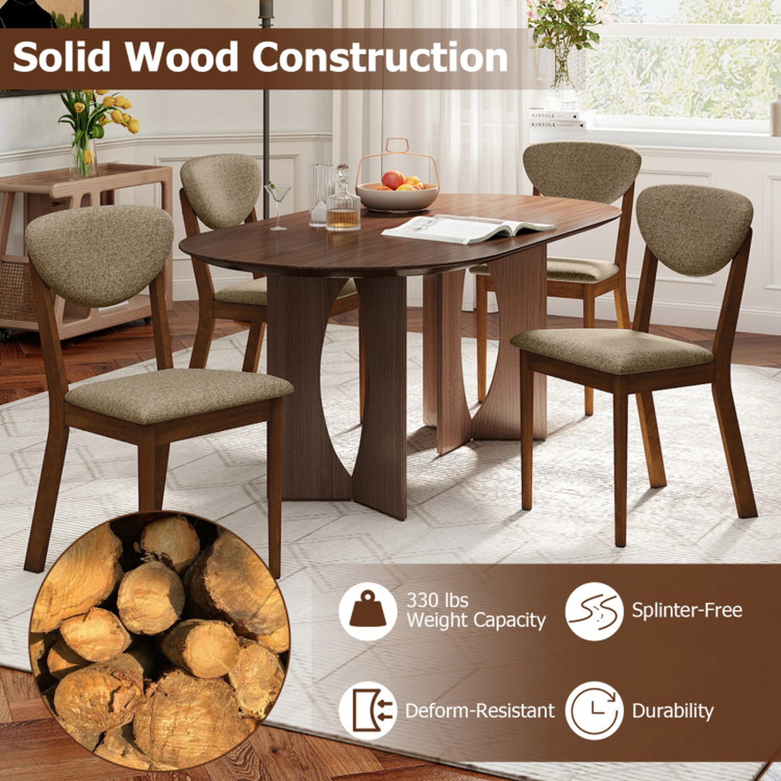 SUGIFT Set of 4 330-lb Capacity Brown Angled Padded Back Linen Dining Chairs with Solid Rubber Wood Legs