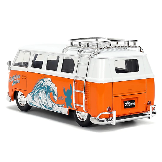 Jada Collectible 1961 Volkswagen Bus "Catching Waves" White And Orange With Stich Diecast Figure "Disney'S Stitch"