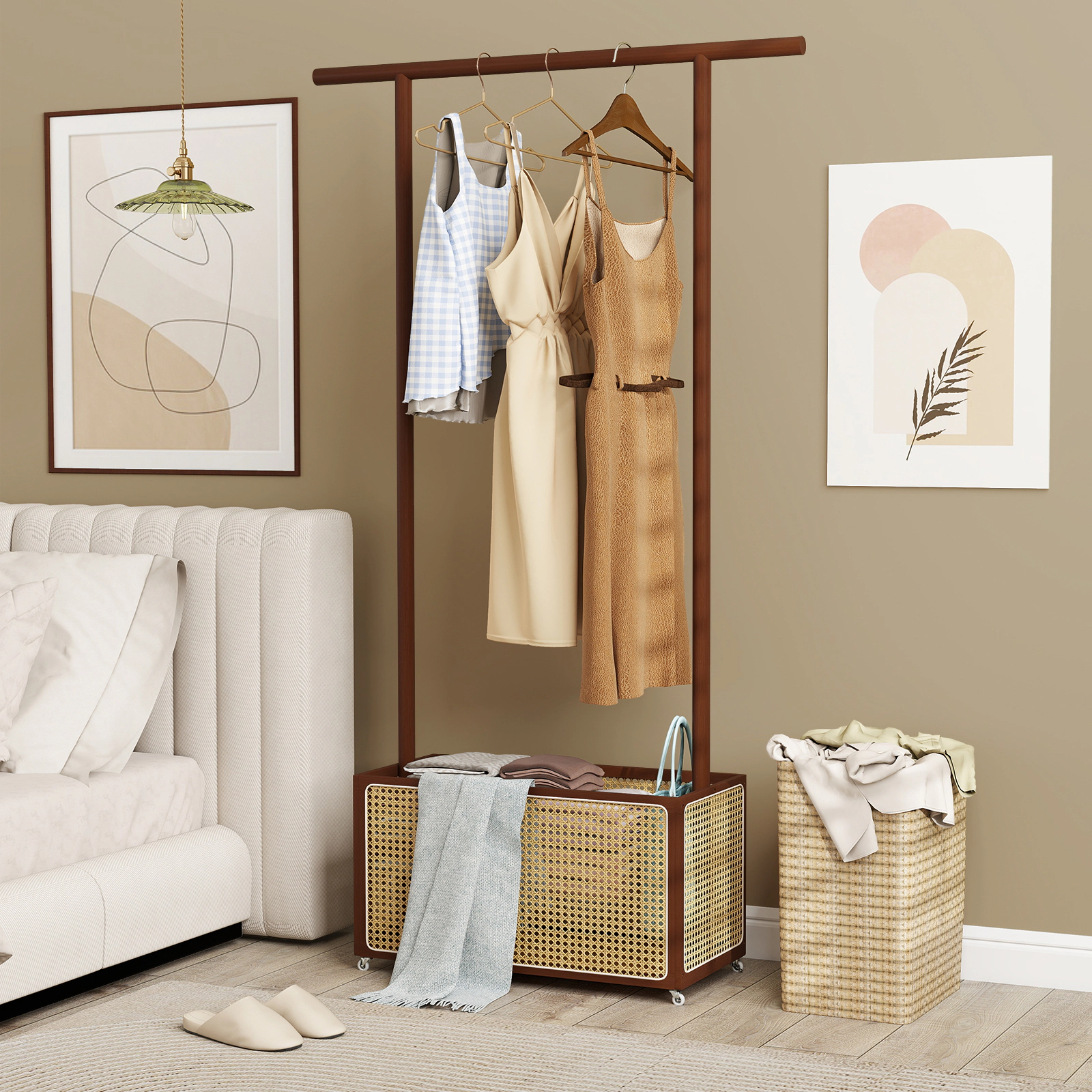 SUGIFT 68-in Freestanding Bamboo Clothes Rack with 15.8-gal Woven Rattan Storage Basket and Wheels