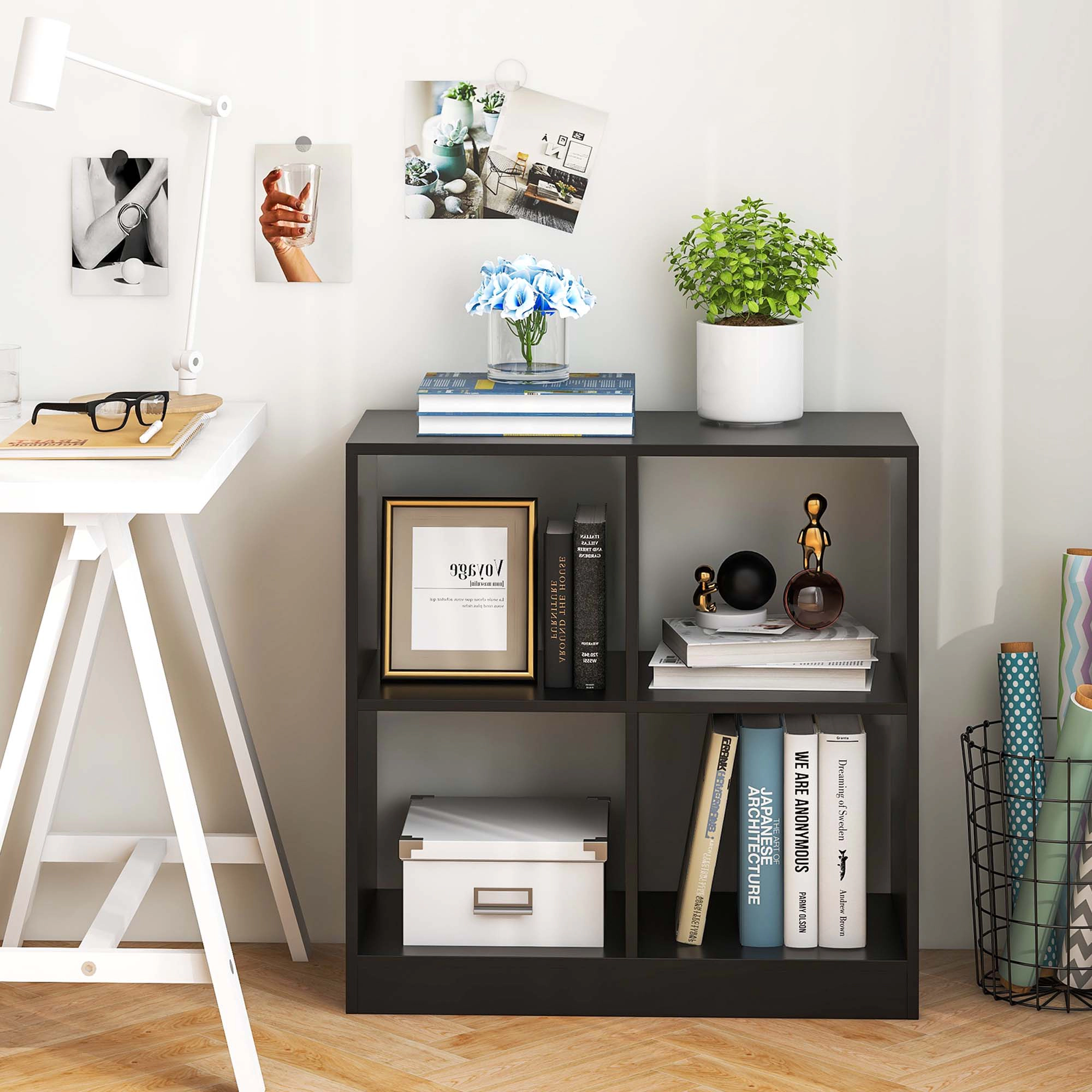 Costway 4-Cube Bookcase Floor Open Wooden Bookshelf Storage Cabinet Toy Organizer Black