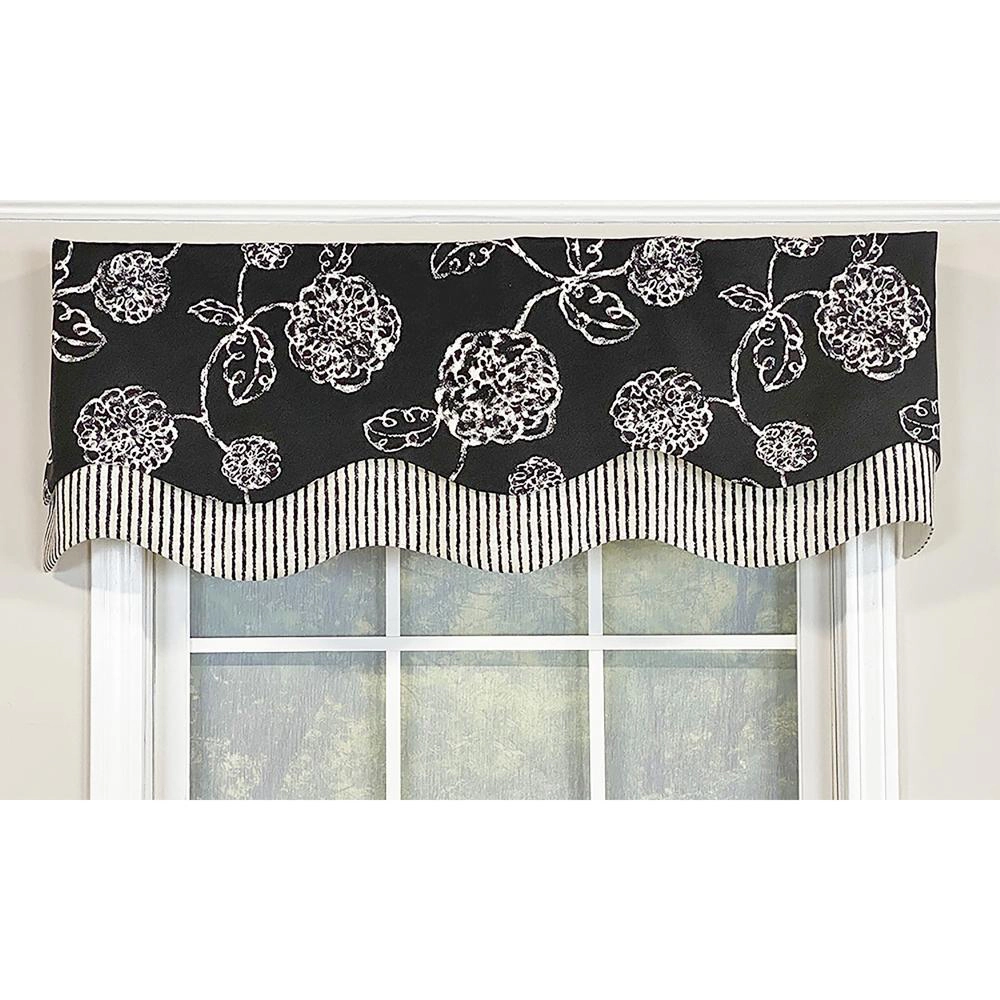 RLF Home Pouf Floral Glory Valance Black. 3" Rod Pocket, Layered. 50"W X 16"L
