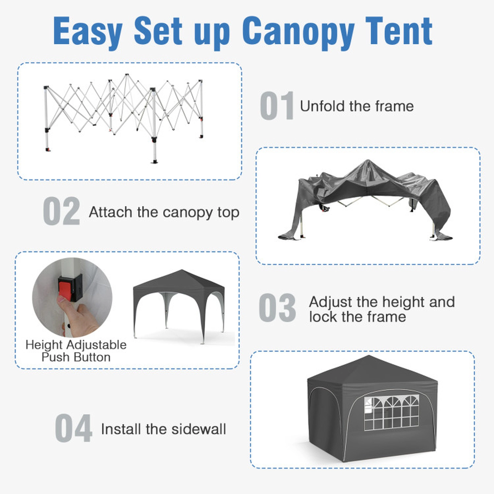 SUGIFT Gray Pop Up Canopy Tent with 4 Detachable Sidewalls Wheeled Bag and 4 Sandbags 10-ft W 10-ft D 9.4-ft H