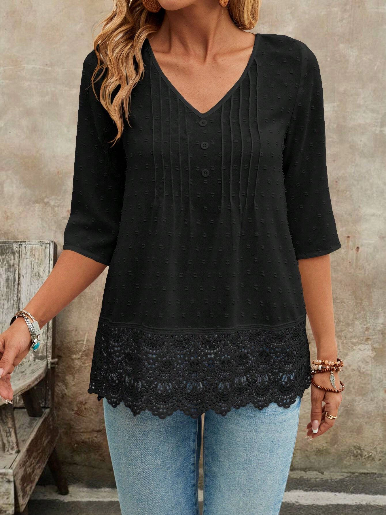 KOJOOIN Women's V Neck 3/4 Sleeve Dot Crochet Lace Trim Tunic Blouse Top