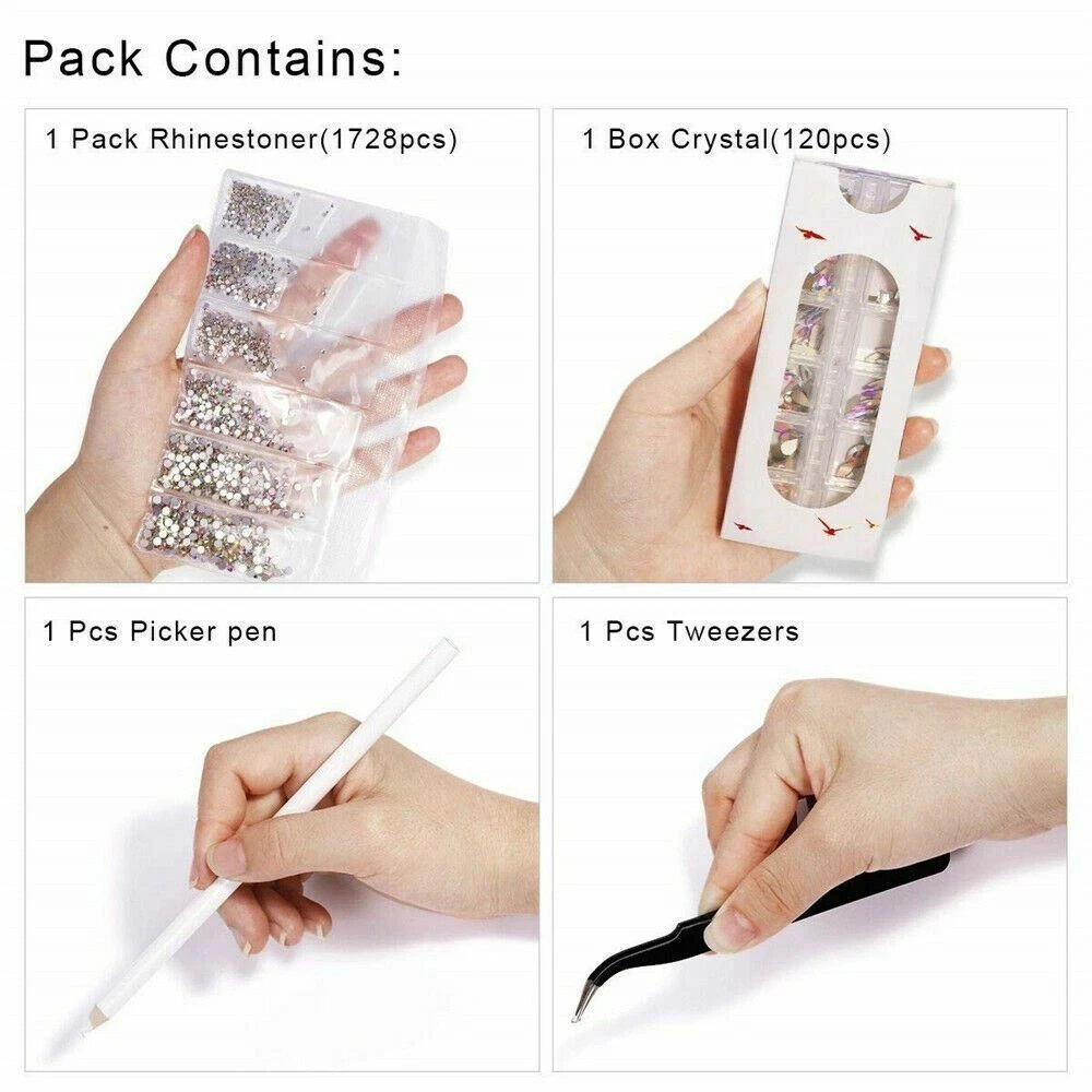 Home Collection Mixed Glass Nail Art Rhinestones with Tweezer and Pickup Pen
