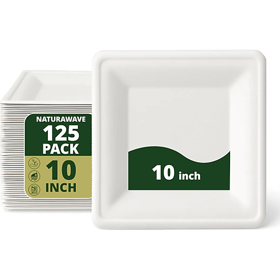 Naturawave Heavy-Duty Compostable Square Paper Plates, 10-Inch, 125 ...