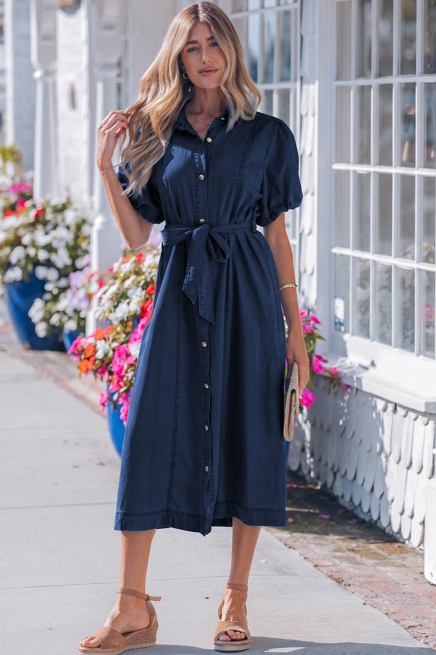 Threaded Pear Womens Makayla Bubble Sleeve Button-Down Midi Dress, Sail Blue