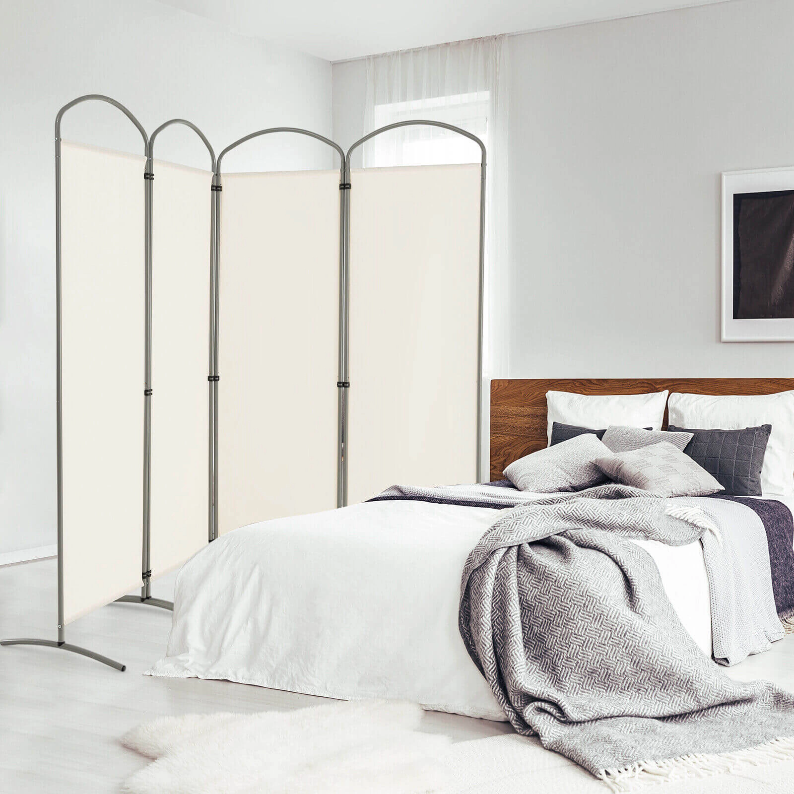SUGIFT 6.2-ft Folding 4-Panel Polyester Room Divider with Curved Metal Base 87-in Wide 18.5-lb Net Weight White