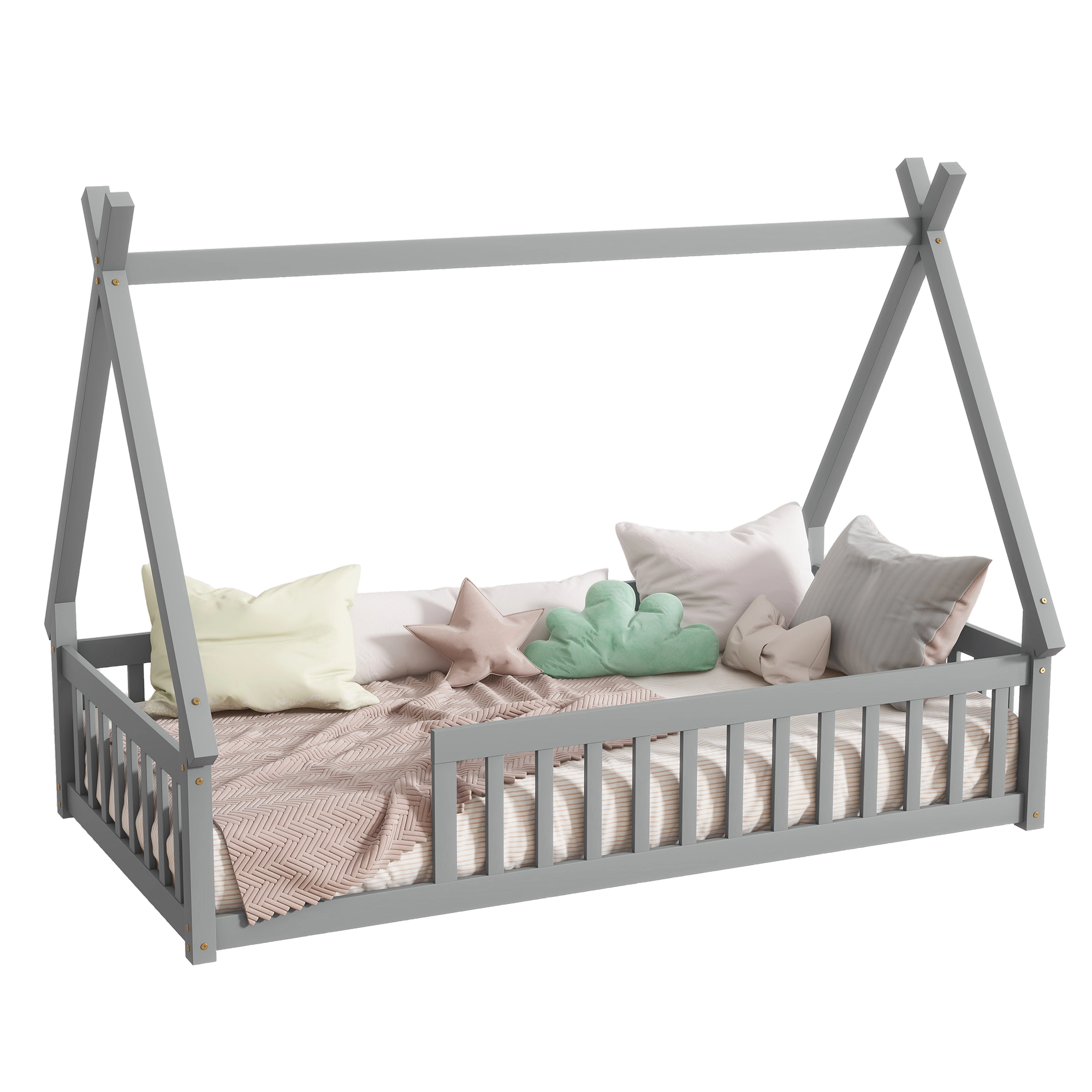 Tinyhomie Twin Tentshaped Floor Bed Teepee with Guardrails Slats Grey