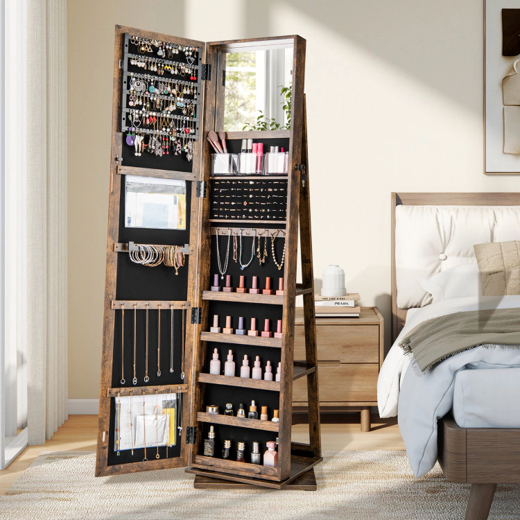 Hivvago 360° Swivel Jewelry Armoire Standing Organizer with Full Length Mirror and Back Shelves