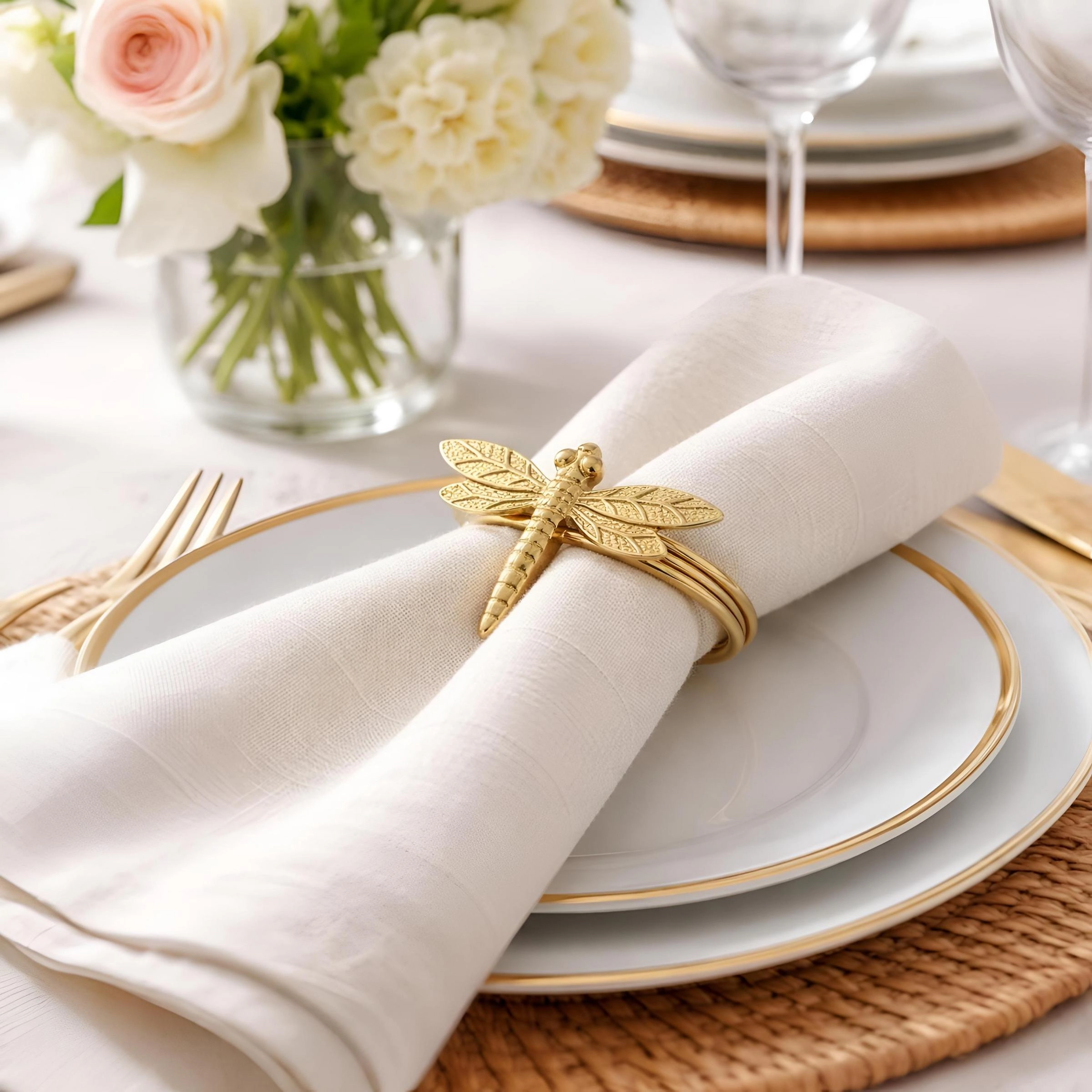 Dainty Home Dragonfly Napkin Rings Set of 4, Gold Metal Table Décor