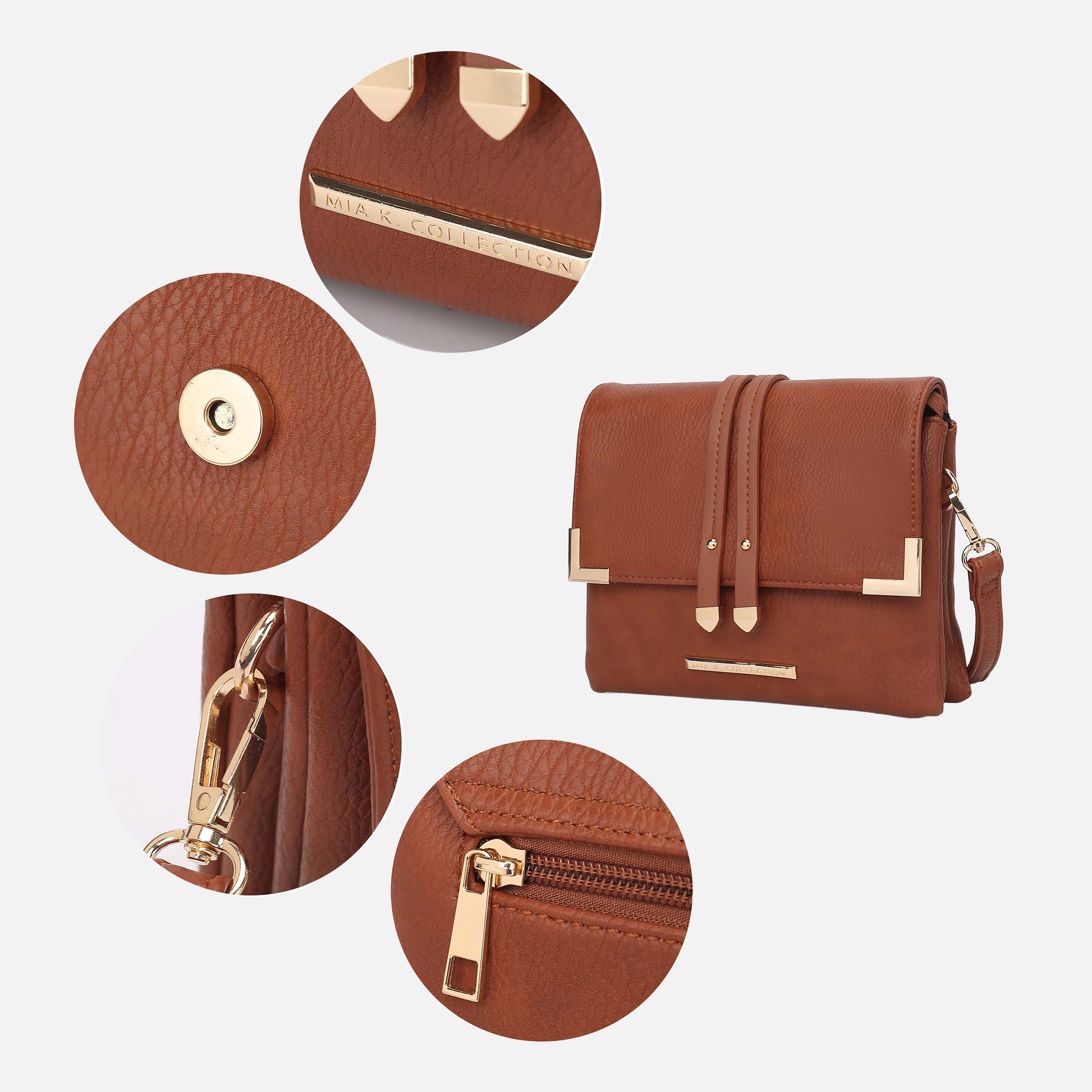 Mia K Collection Valeska Vegan Leather Crossbody - Gold-Tone Hardware, Adjustable Detachable Strap