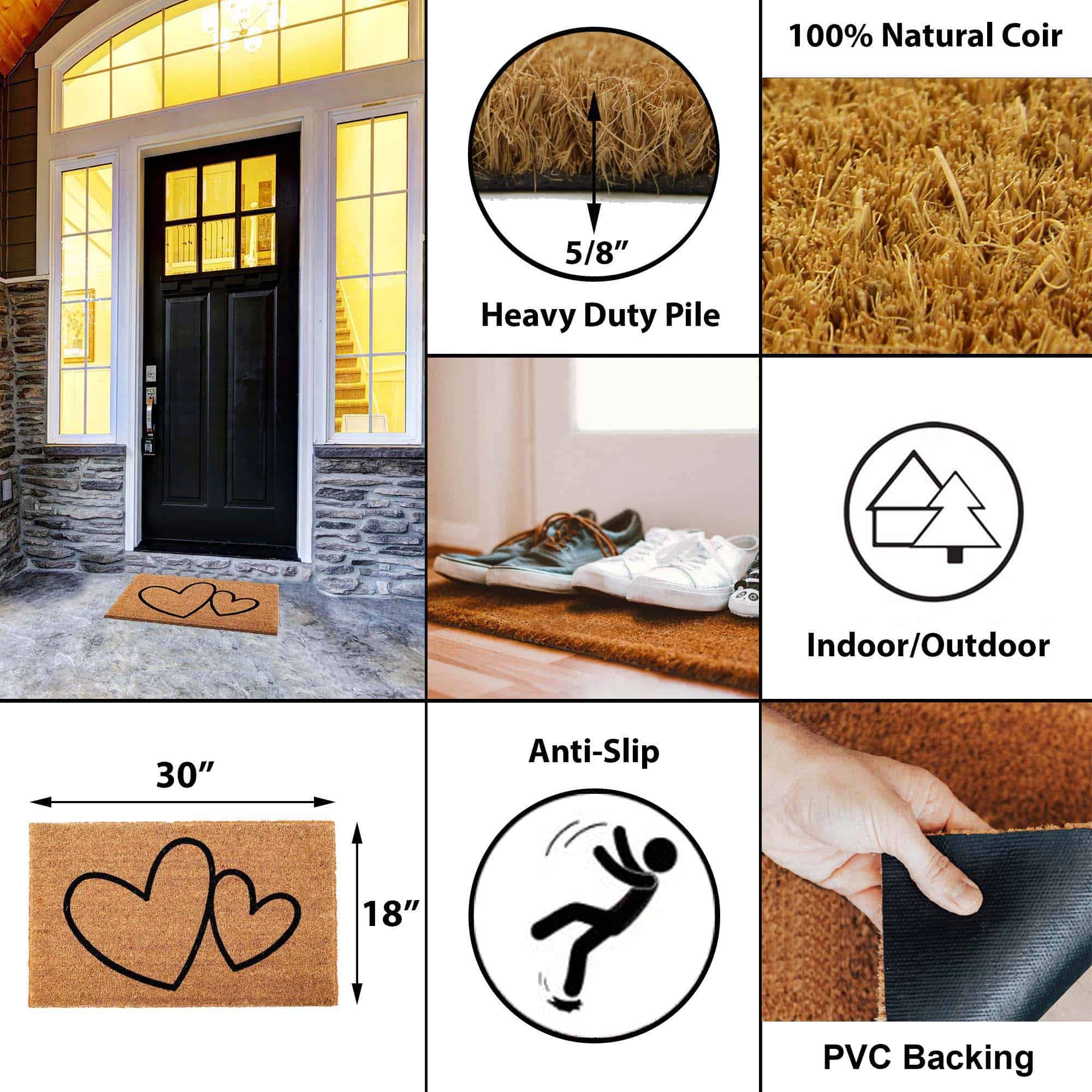 Evideco French Home Goods Natural Hearts Coir Doormat 30 x 18 Inches