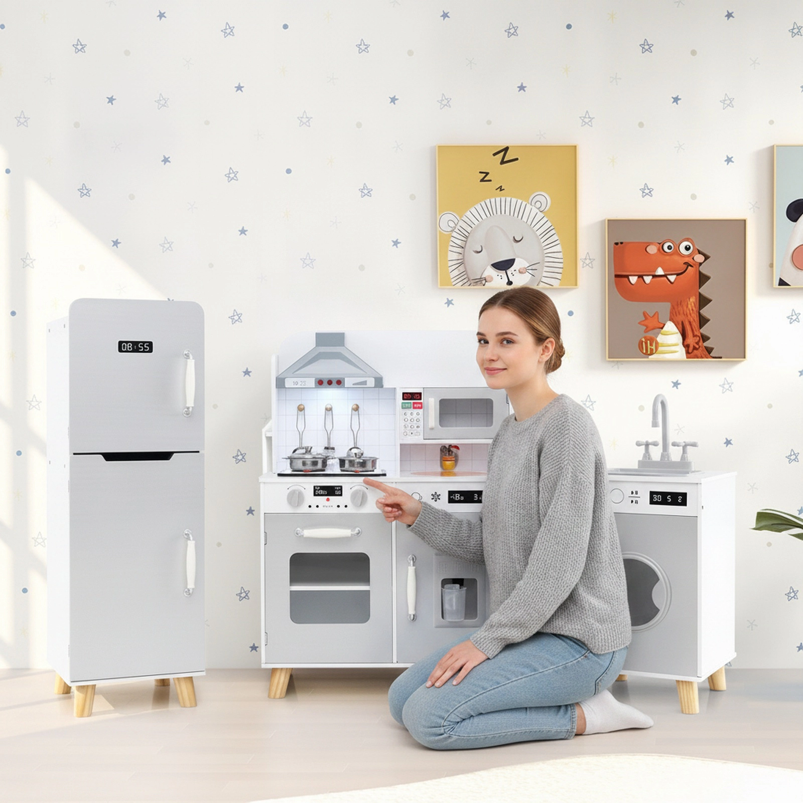 3-in-1 Kids Kitchen Playset Refrigerator Washing Machine 360-Degree Faucet Range Hood 47.5-in x 12-in x 35.5-in Gray