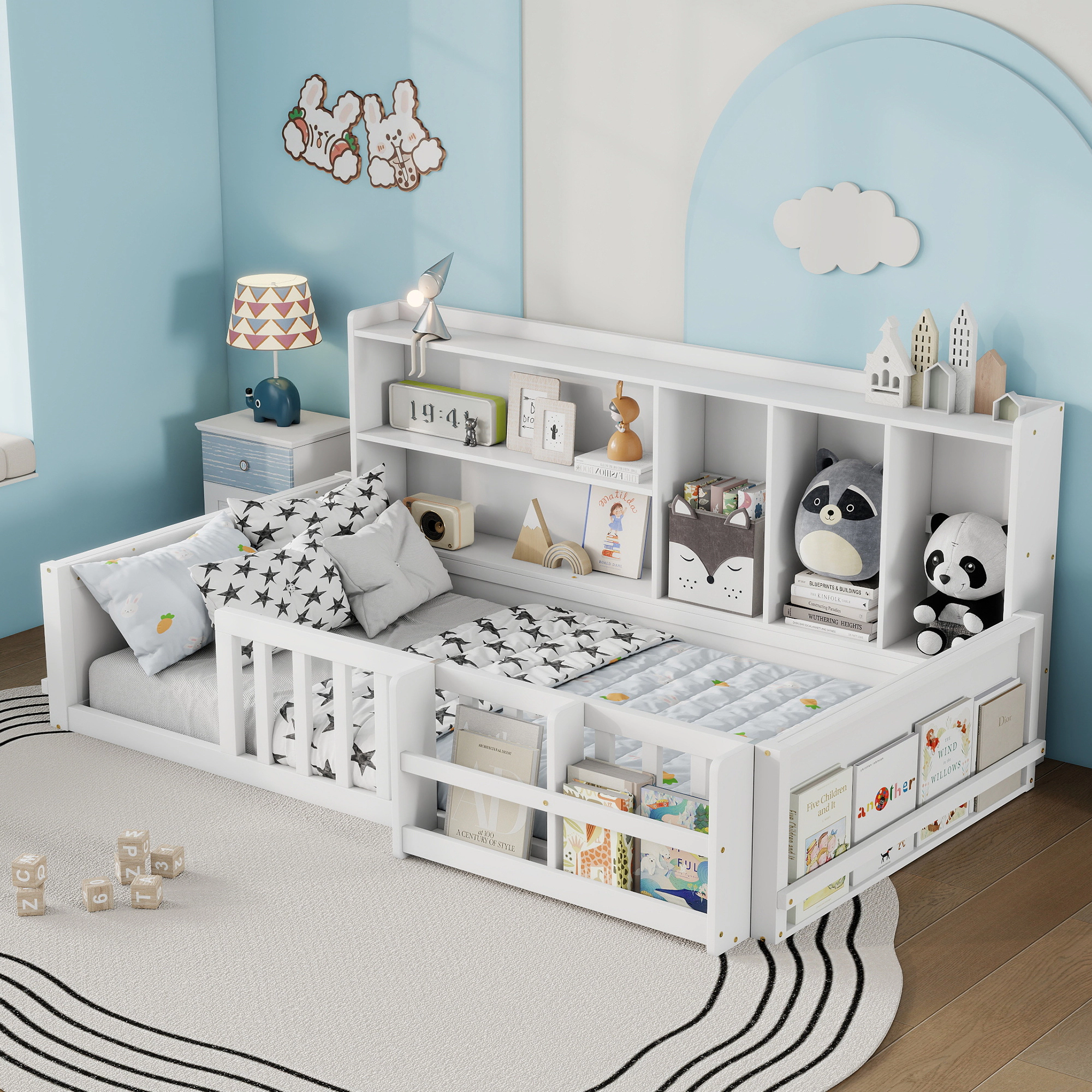 Flynama Twin Kids Wood Platform Bed, Guardrail Fence & Storage Shelves, Space Saving, White