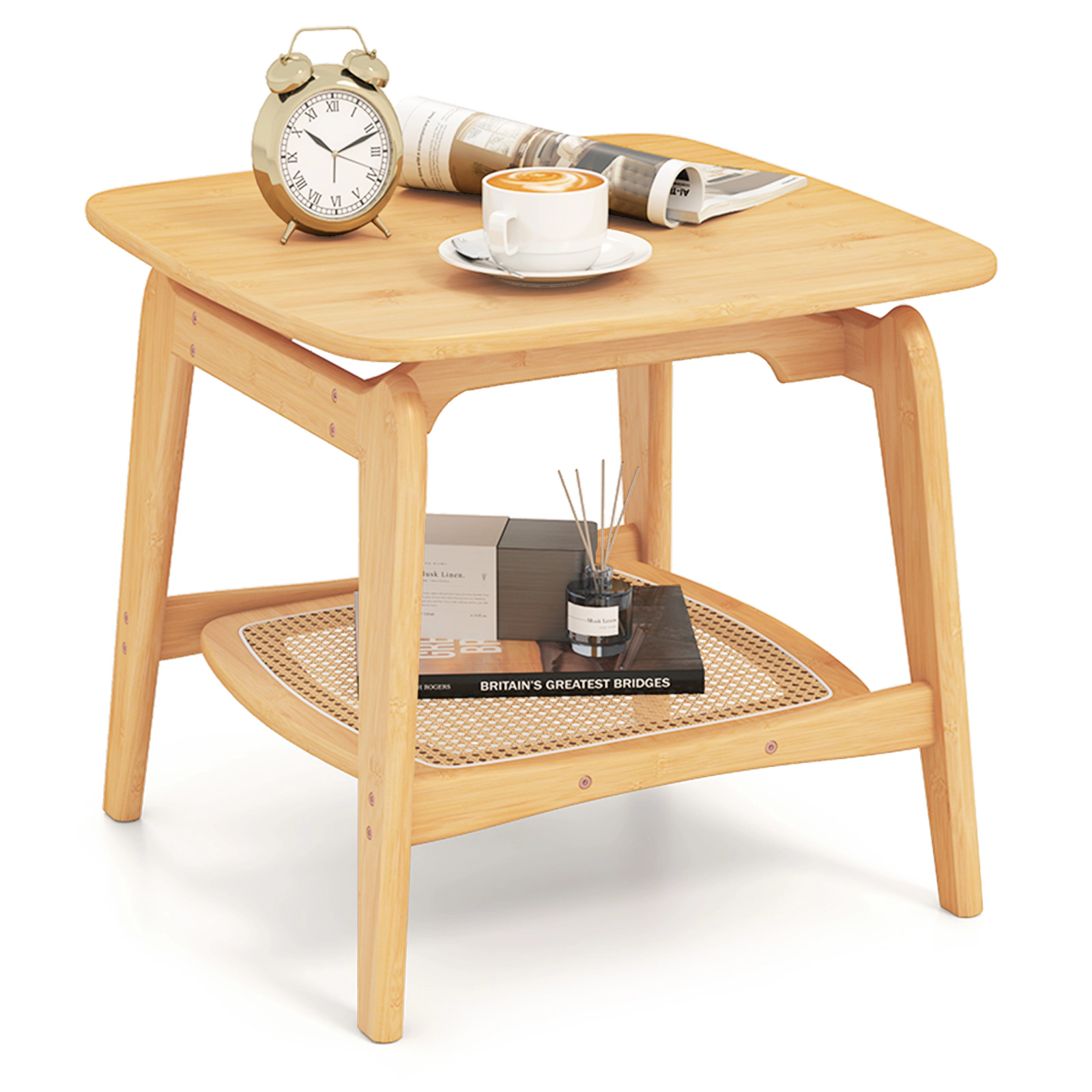 Glintex Boho Bamboo Side Table with Woven Faux Rattan Shelf and Curved Frame, Natural