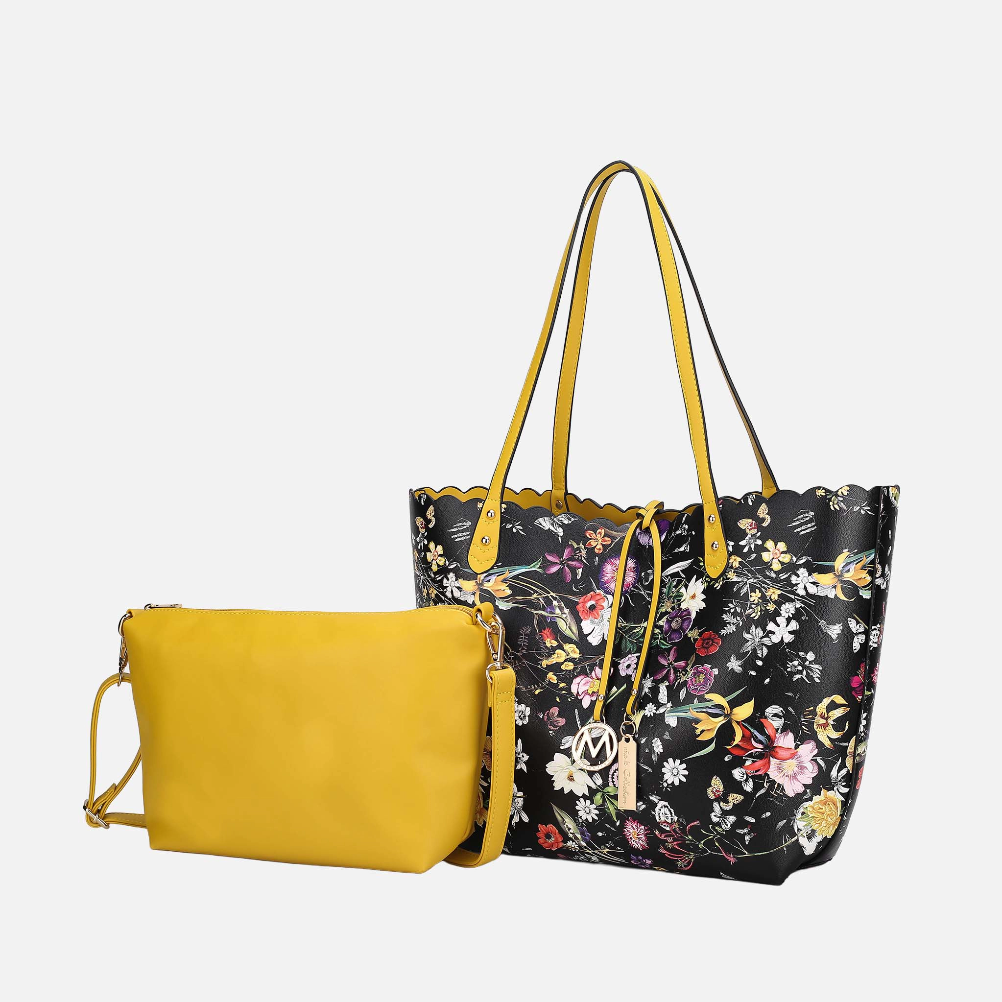 Mia K Collection Danielle Reversible Shopper Tote Bag - Vegan Leather, Flower Print, Removable Crossbody Pouch