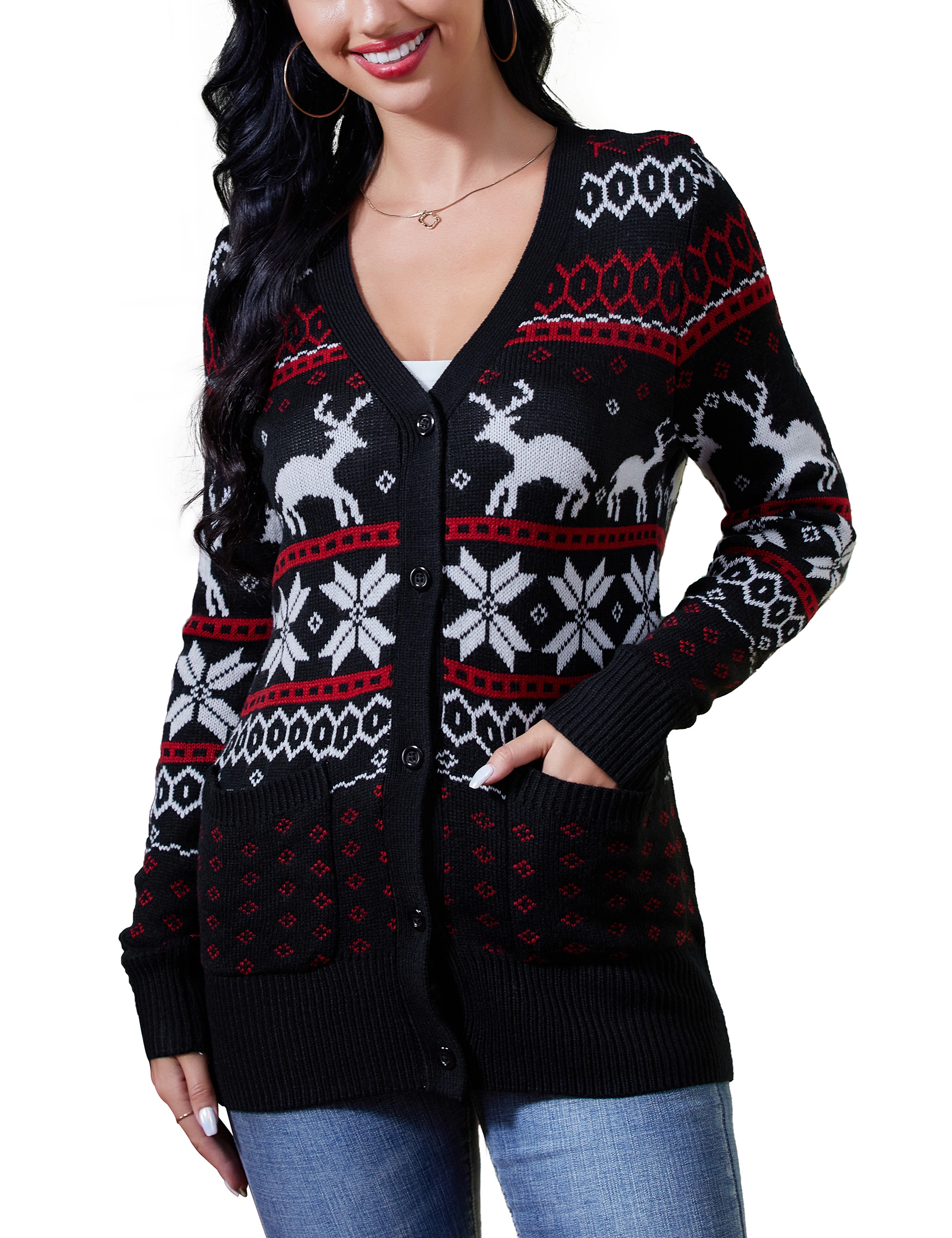 KOJOOIN Women's Cardigan V-Neck Knit Sweater with Snowflake Reindeer Pattern Casual Holiday Top