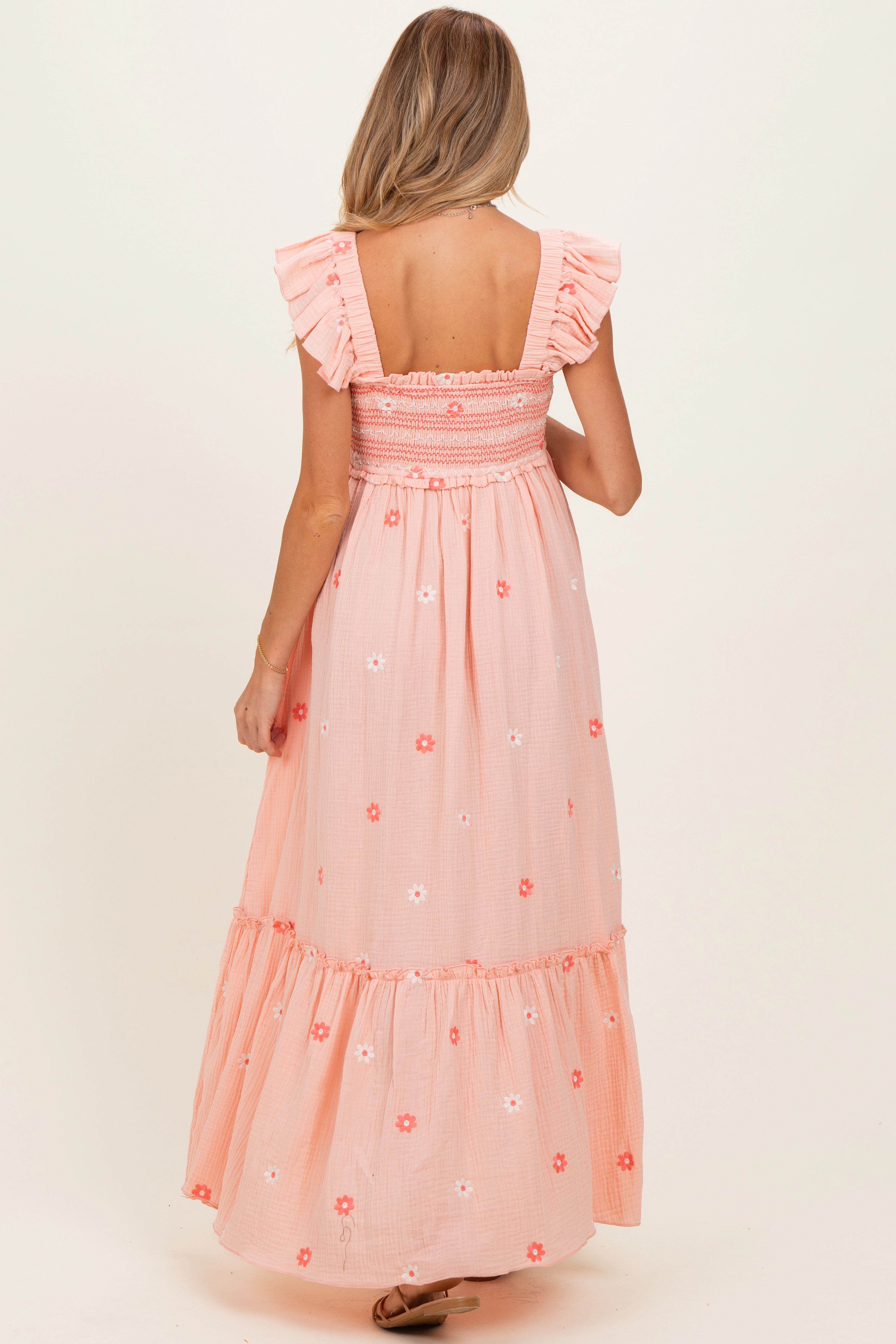 PinkBlush Womens Peach Floral Embroidered Smocked Maternity Maxi Dress