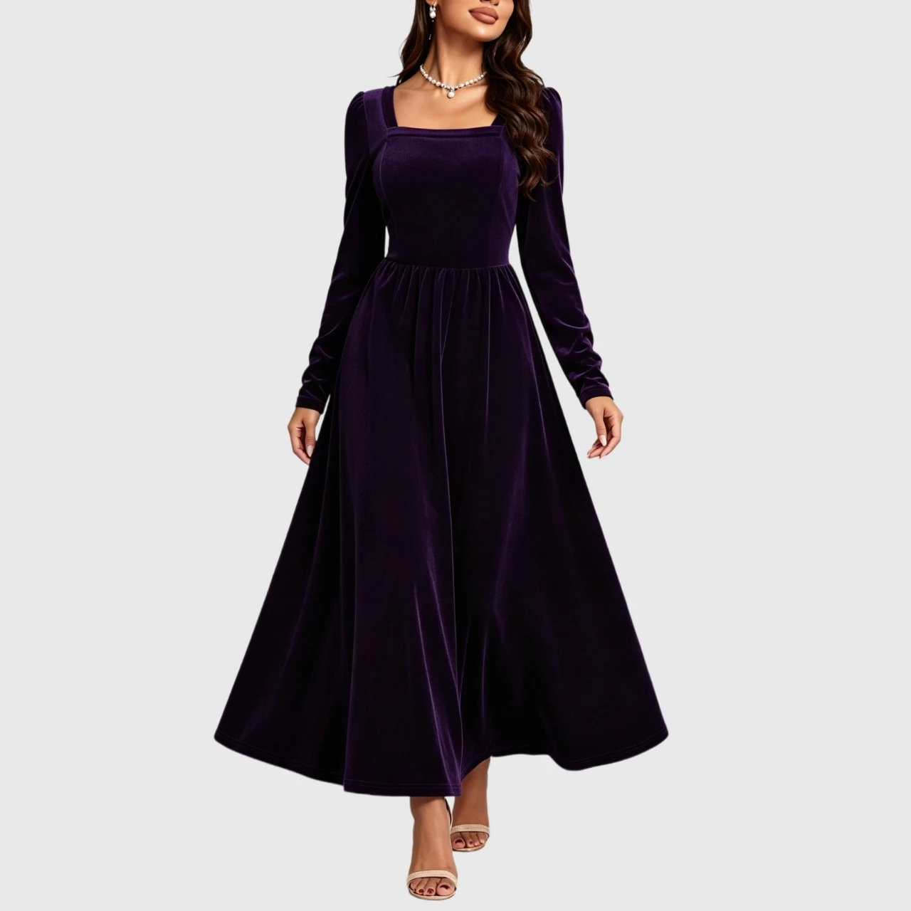 YesFashion Women's Square Neck Velvet Maxi Dresses High Waist Puff Long Sleeve Elegant Dress
