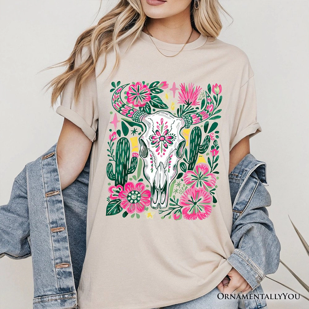 OrnamentallyYou Womens Western Floral Cow Skull Wildflower Cactus T-Shirt