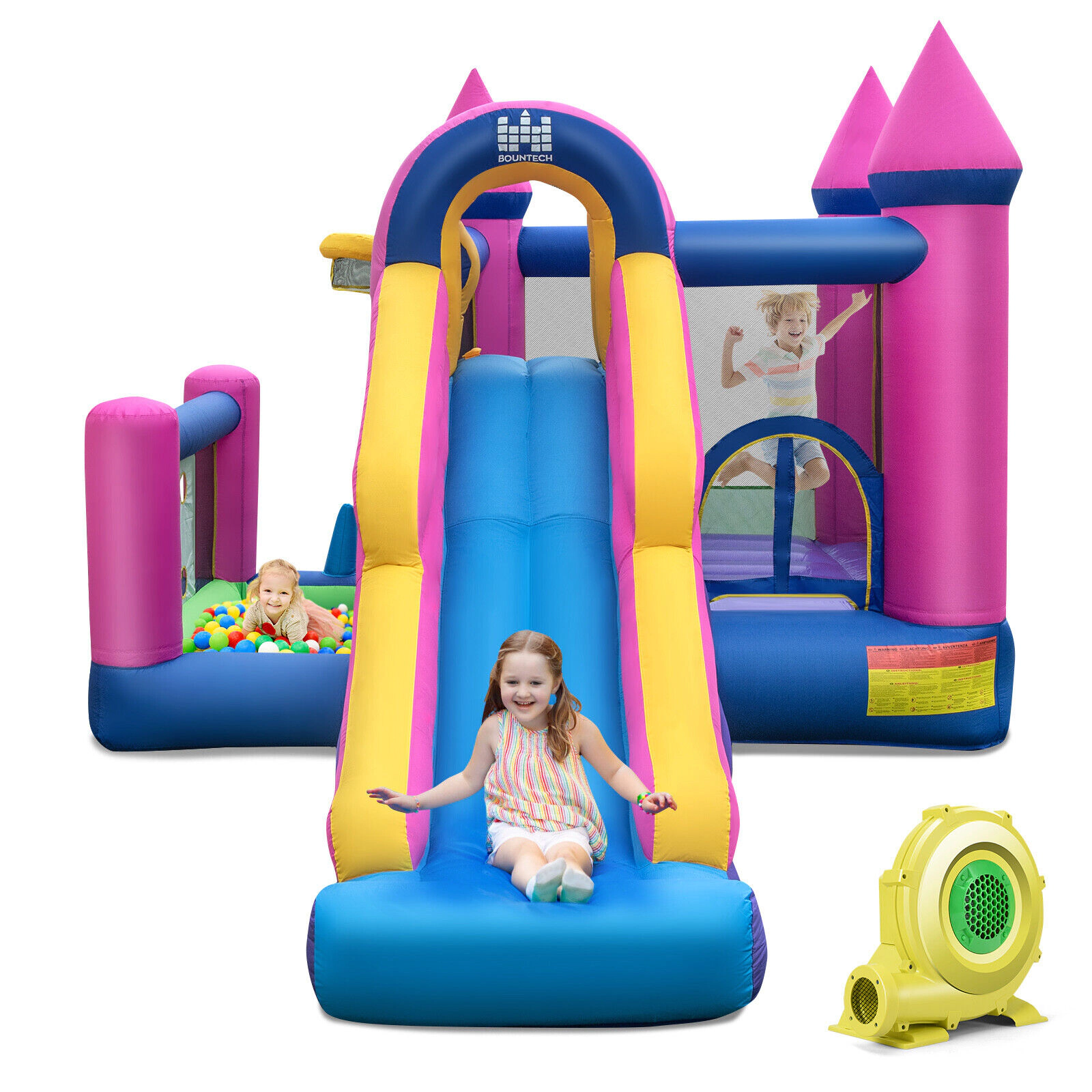 Hivvago 7-in-1 Kids Inflatable Bounce House with Long Slide and 735W Blower