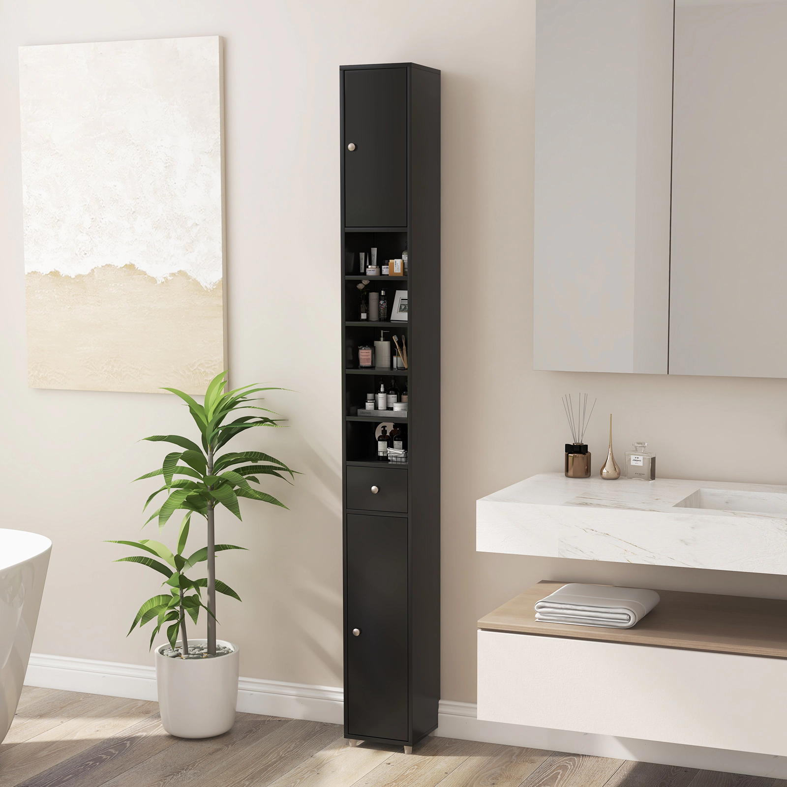 Glintex 71-Inch Slim Bathroom Tower with 5 Adjustable Shelves and 1 Drawer