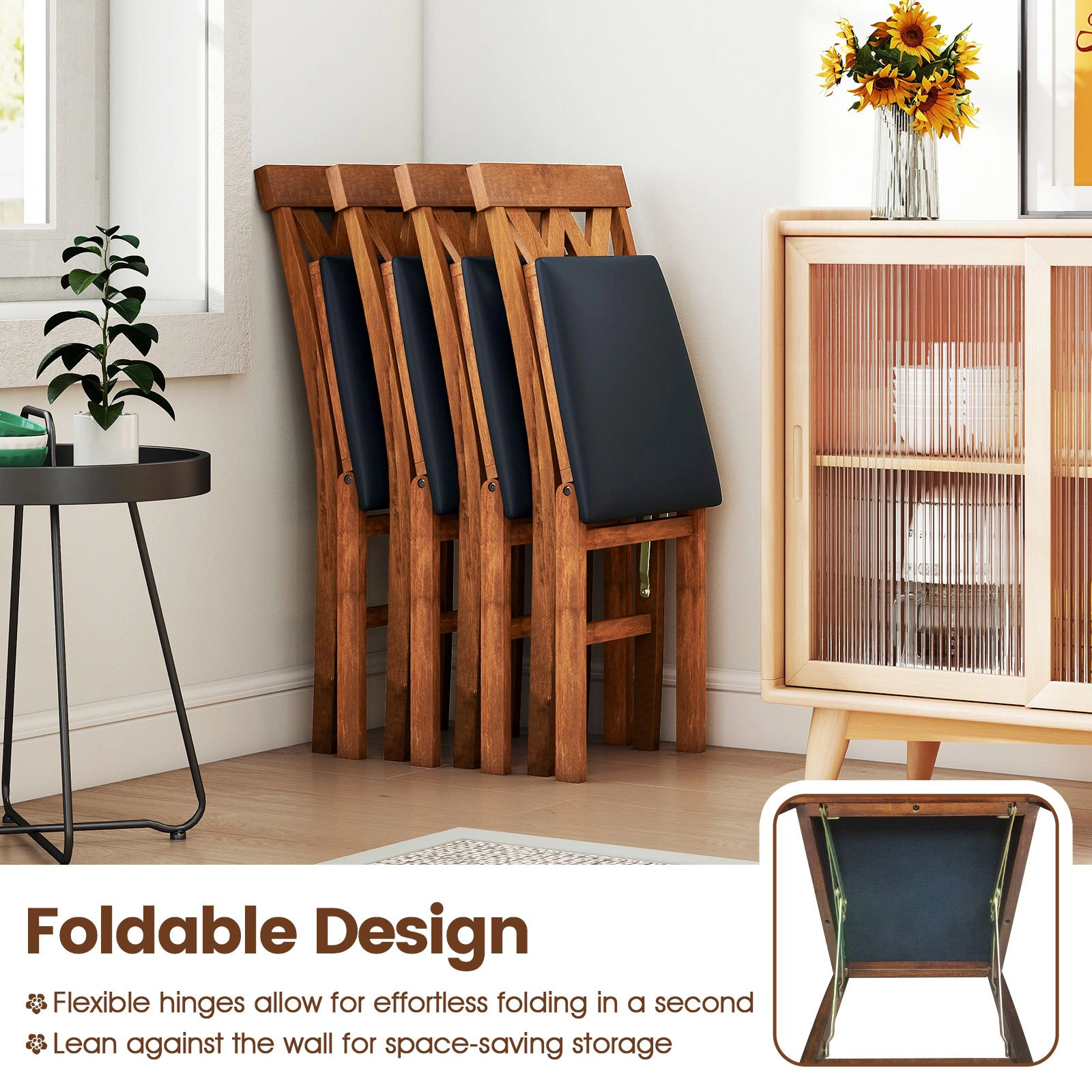 SlickBlue Set of 2 Foldable Wooden Dining Chairs, Padded Seat, Curved Backrest
