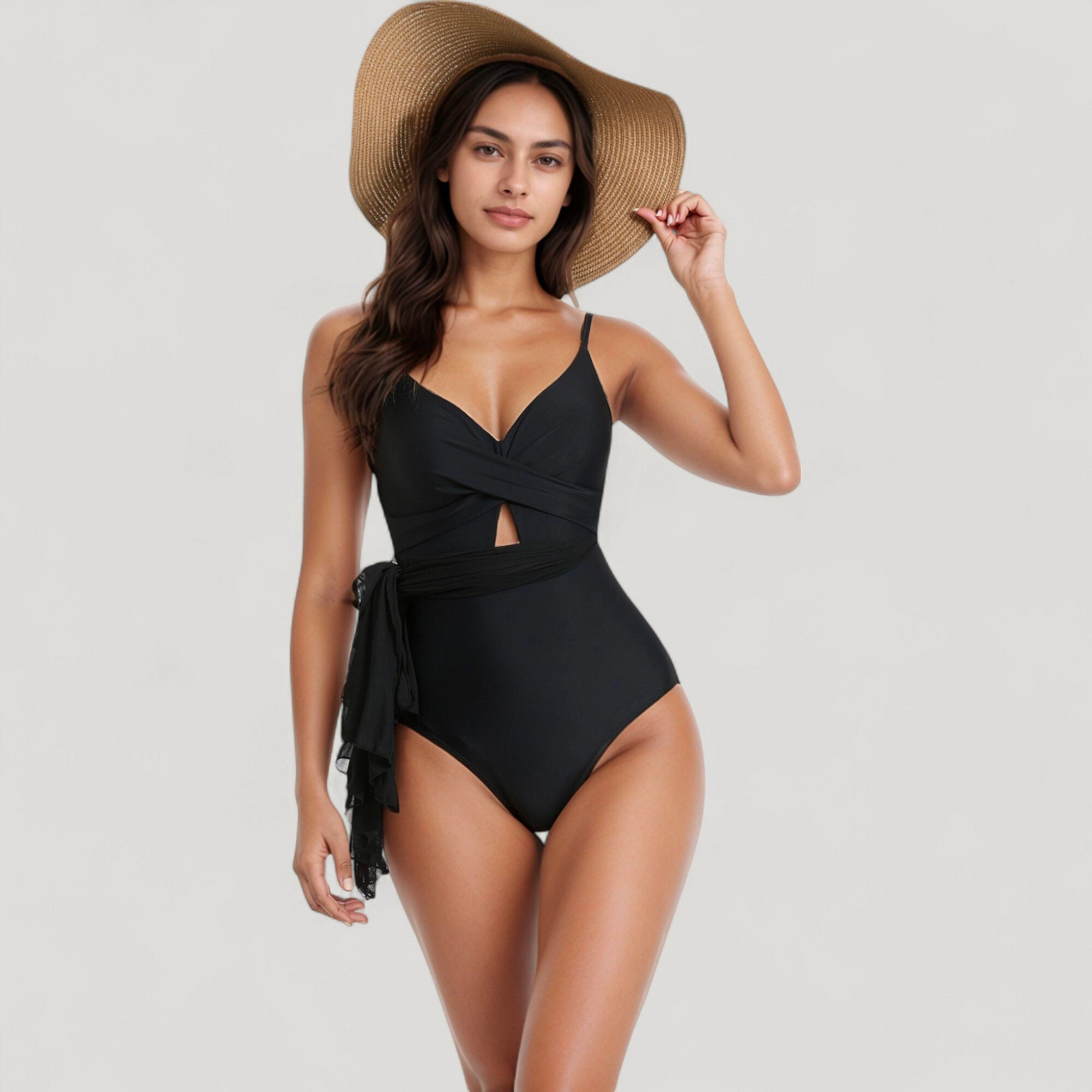 Anna-Kaci Women's One-Piece Swim Dress with Twist Front Bodice and Sheer Mesh Skirt Overlay