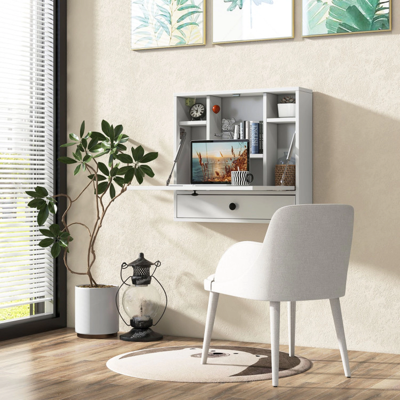 SUGIFT White Wall-Mounted Floating Desk with Fold-Down Top, 6 Shelves and Drawer
