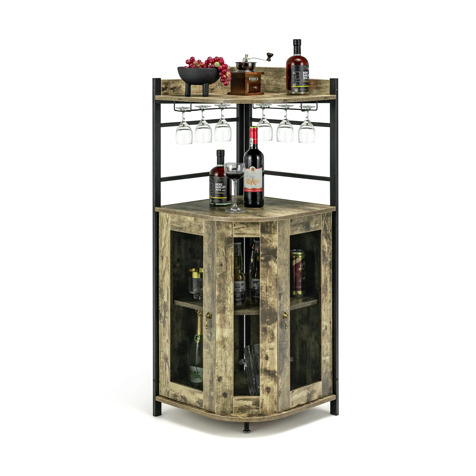 SUGIFT Triangular Industrial Corner Bar Cabinet Sideboard with Glass Holder and Shelf 66-lb Countertop Capacity