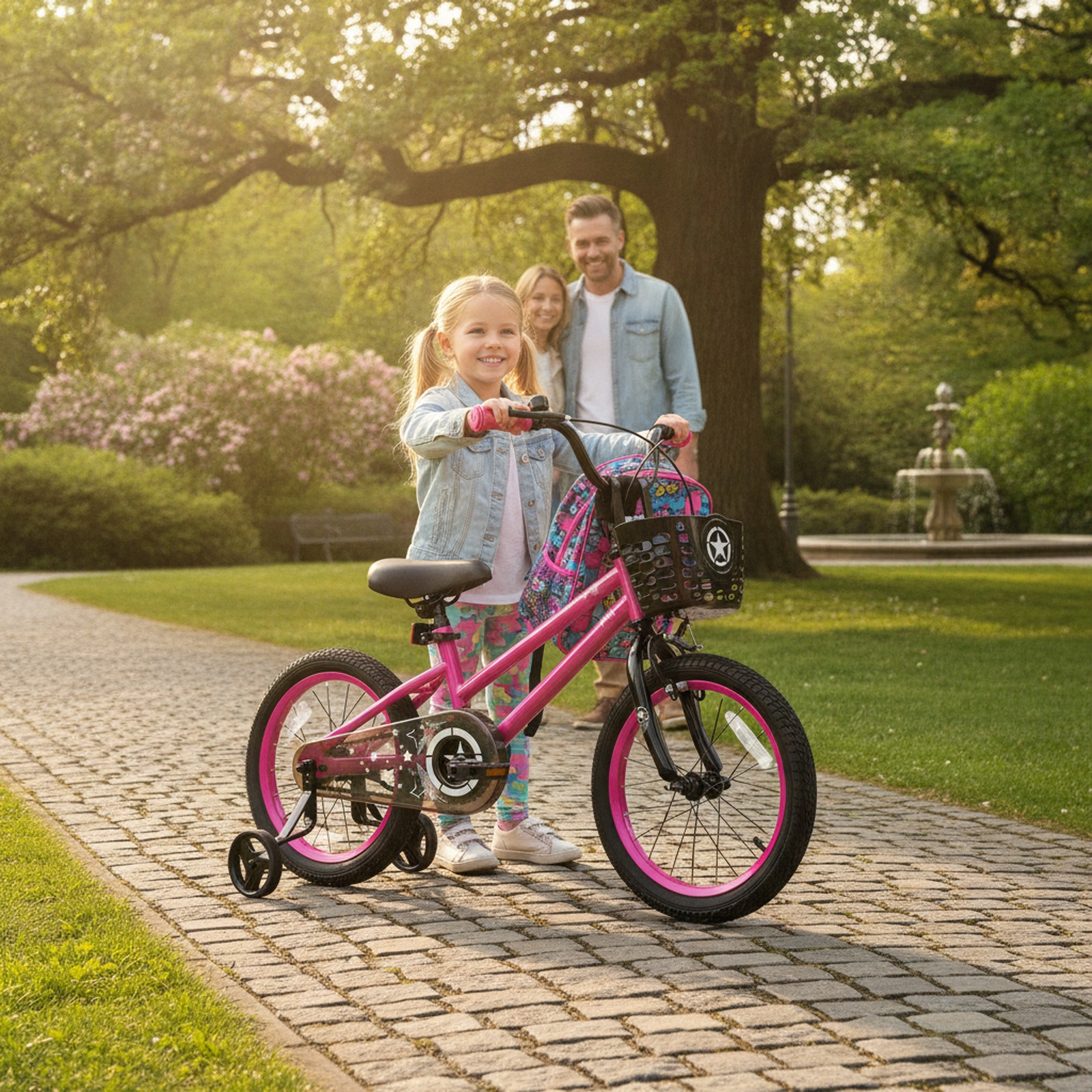 16-in Kids Bike Front Basket Adjustable Seat and Removable Training Wheels Hand Brake and Coaster Brake Ages 4-7 Pink