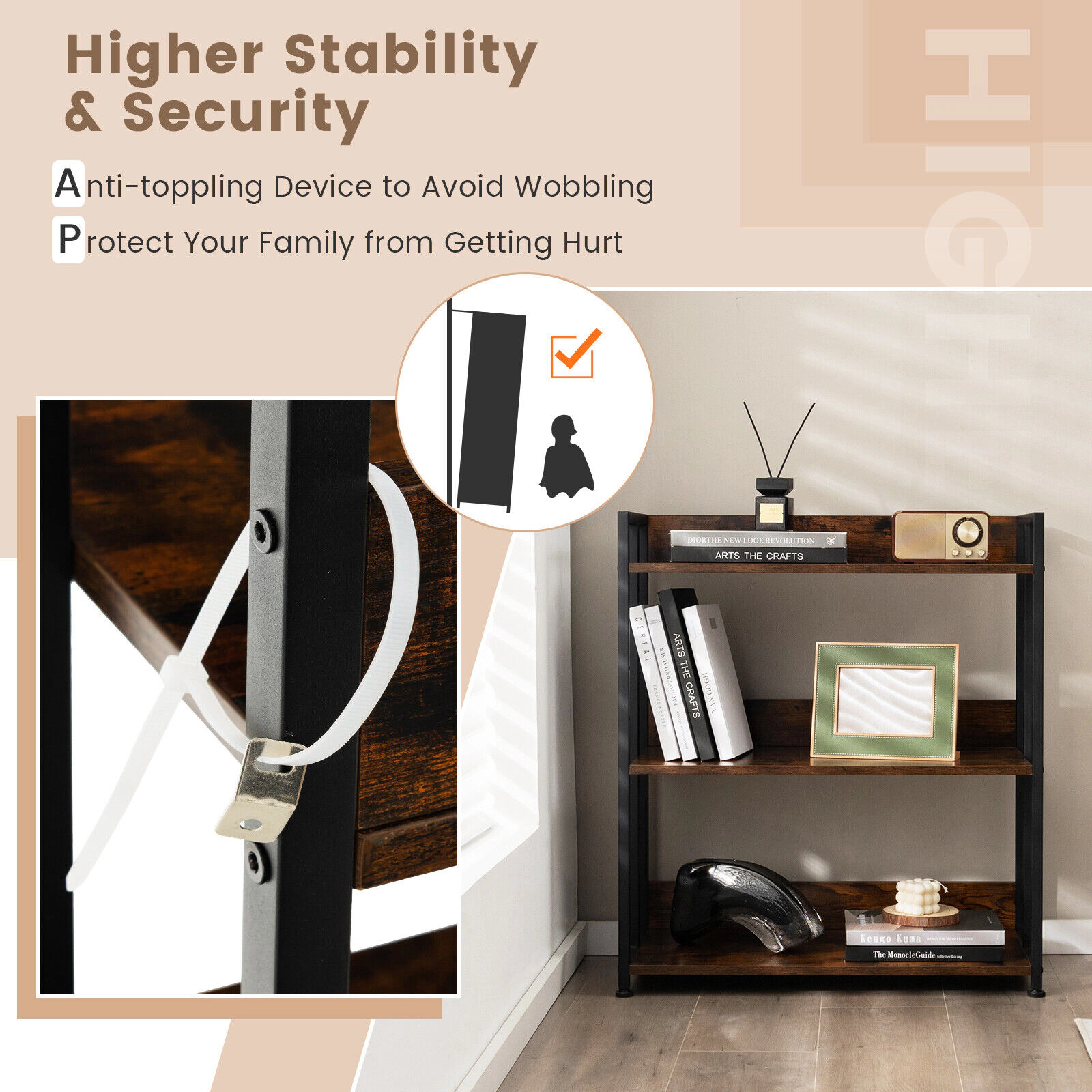 SUGIFT Rustic Brown 3-Tier Industrial Bookshelf with Adjustable Shelves and Raised Edges