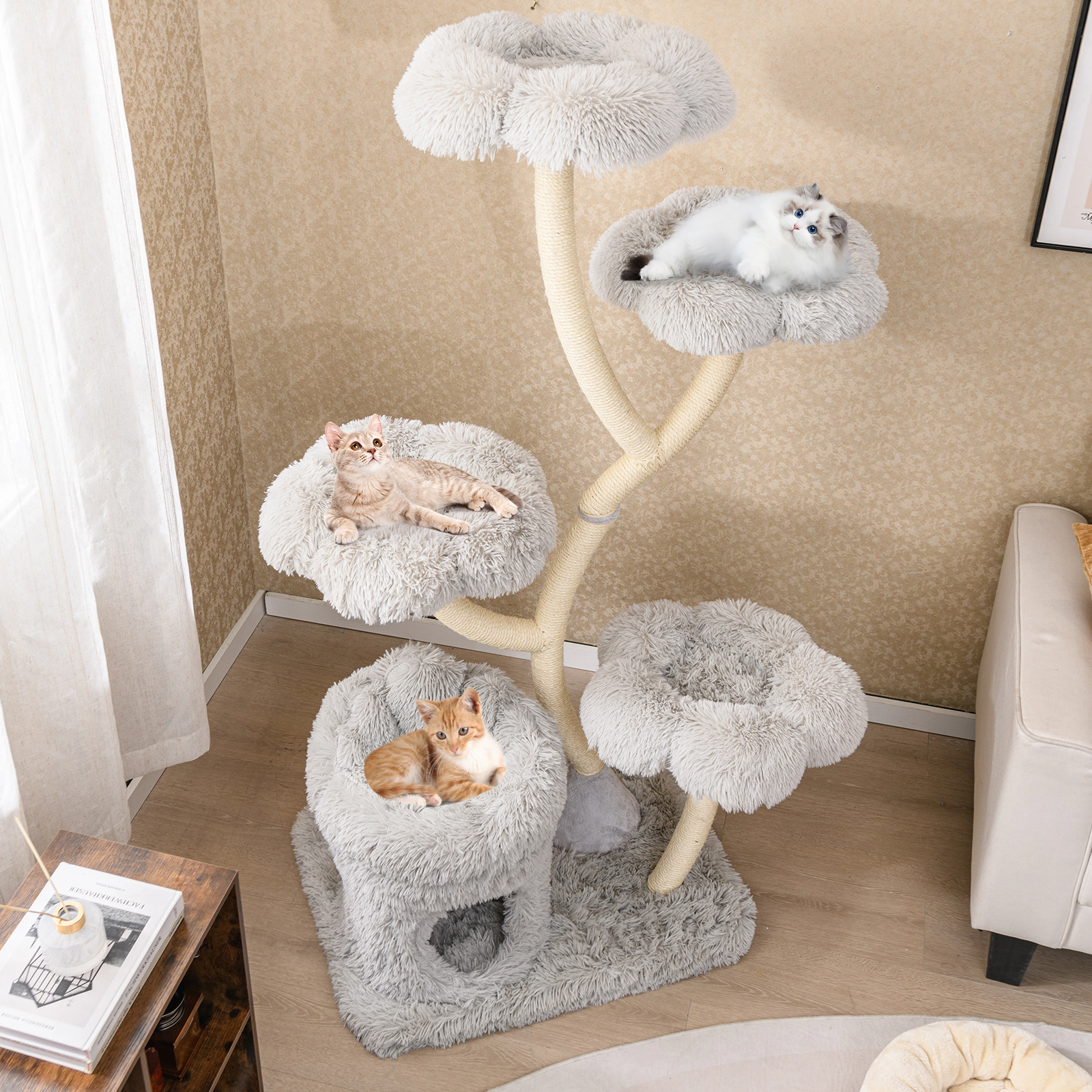 SUGIFT 4-Tier Freestanding Cat Tree Tower with Flower-Shaped Platforms and Sisal Posts 28.5-lb Capacity White/Gray