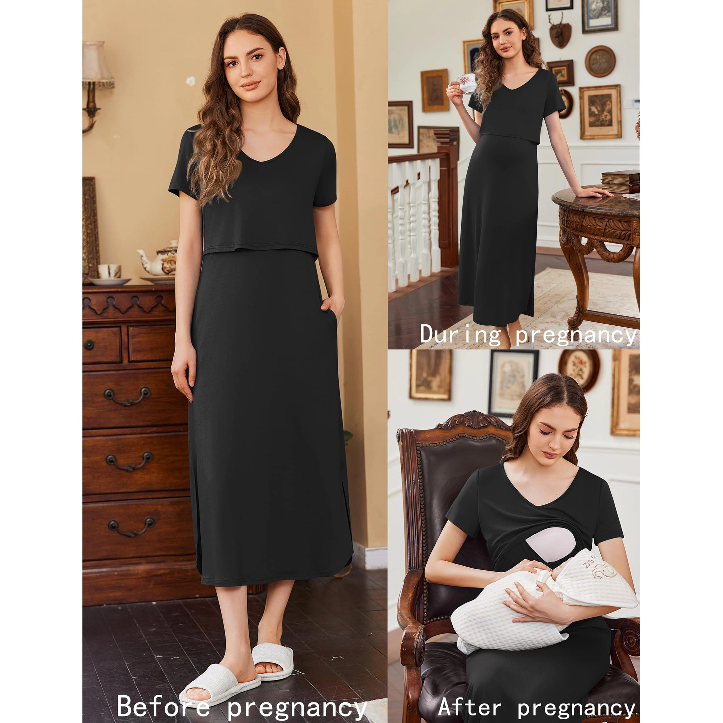 Ekouaer Women's V Neck Short Sleeve Slit Maxi Dress with Pockets