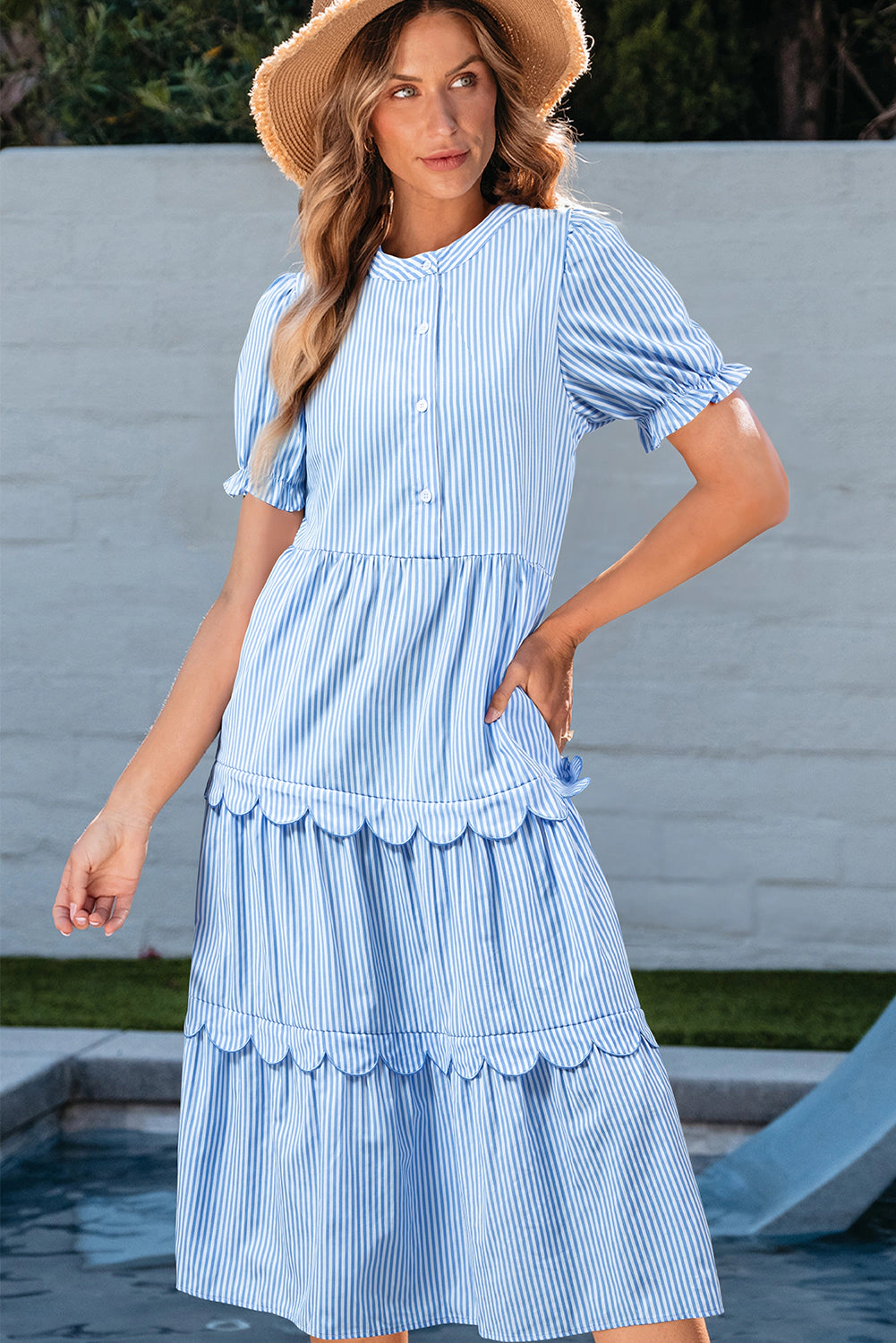 Threaded Pear Women's Noah Stripe Tiered Scallop Long Dress