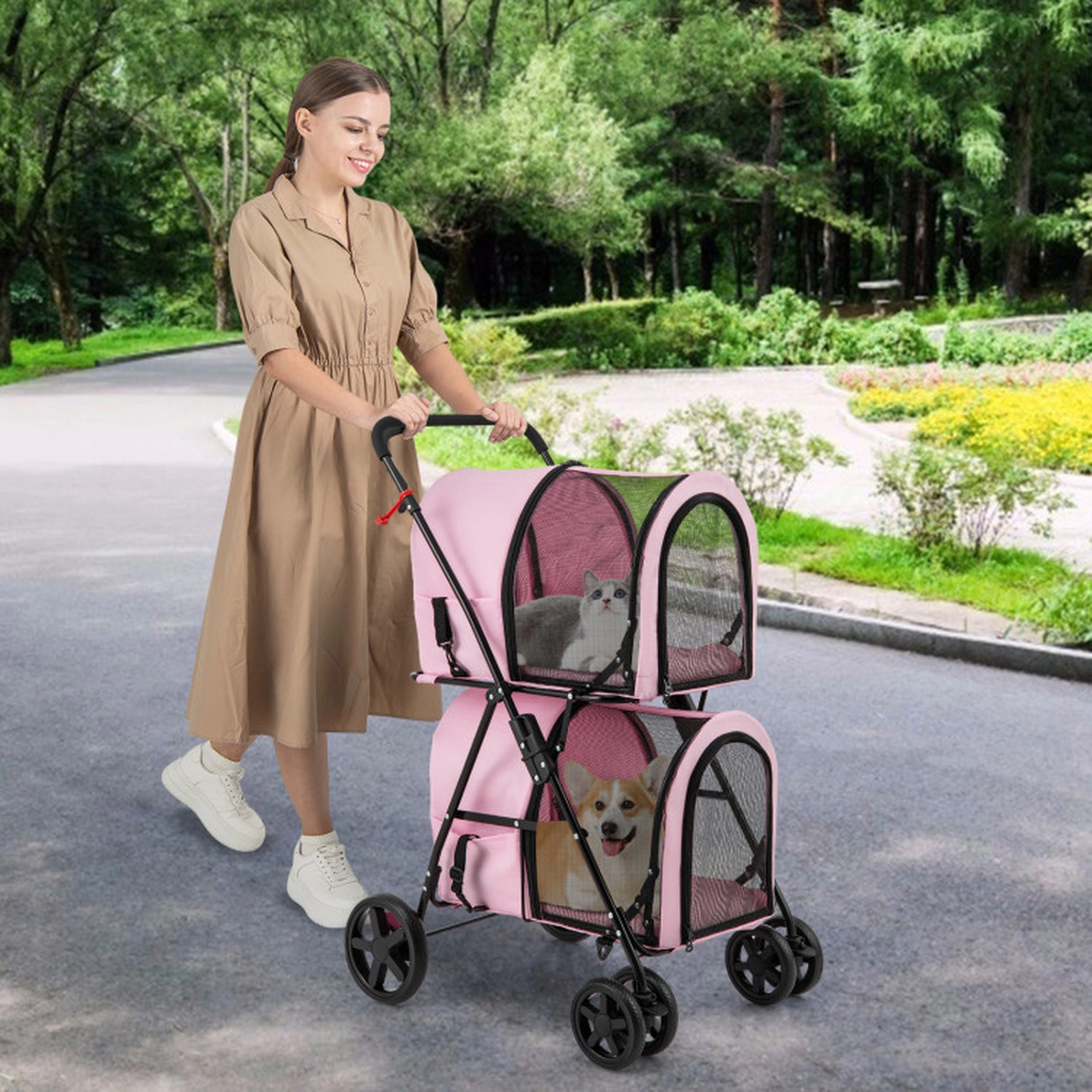 SUGIFT 4-in-1 Double Pet Stroller and Pet Bed Carrier Crate Car Seat 17-lb Capacity Double Layer Beige Blue Black
