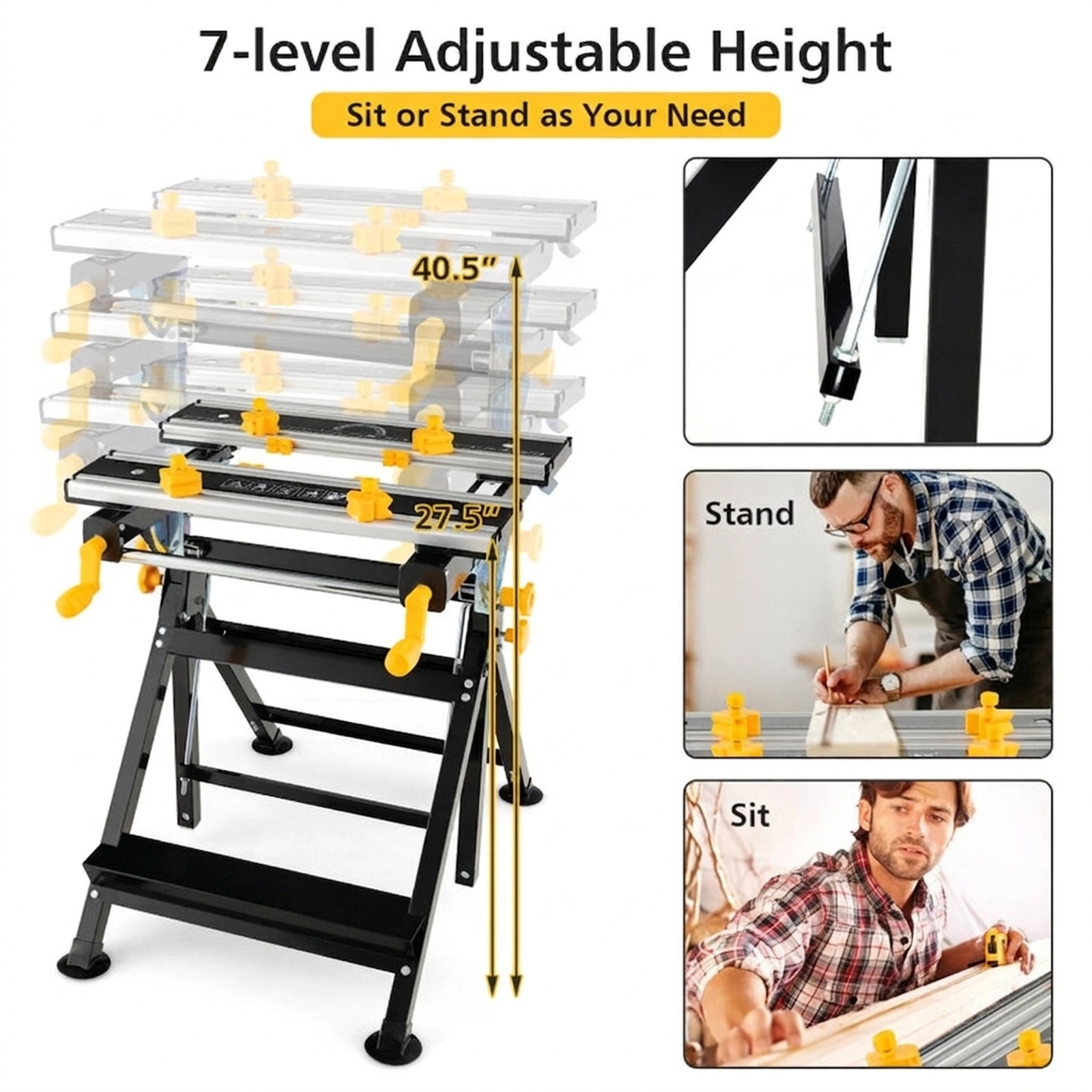 SUGIFT 220-lb Capacity Folding Work Table with 7-Level Height Adjustment and 4-Angle Tilting Platform