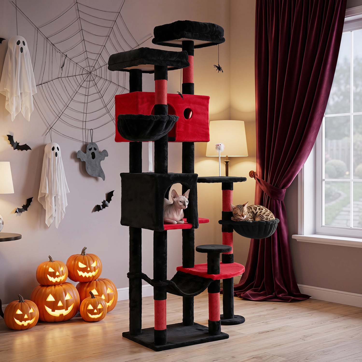 LJG 75 Inch Gothic Cat Tree with 2 Plush Perches for Indoor Cats