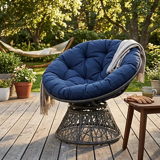 SUGIFT Navy Blue Swivel Papasan Chair, 350 lb Capacity, PE Rattan, 4-Inch Cushion