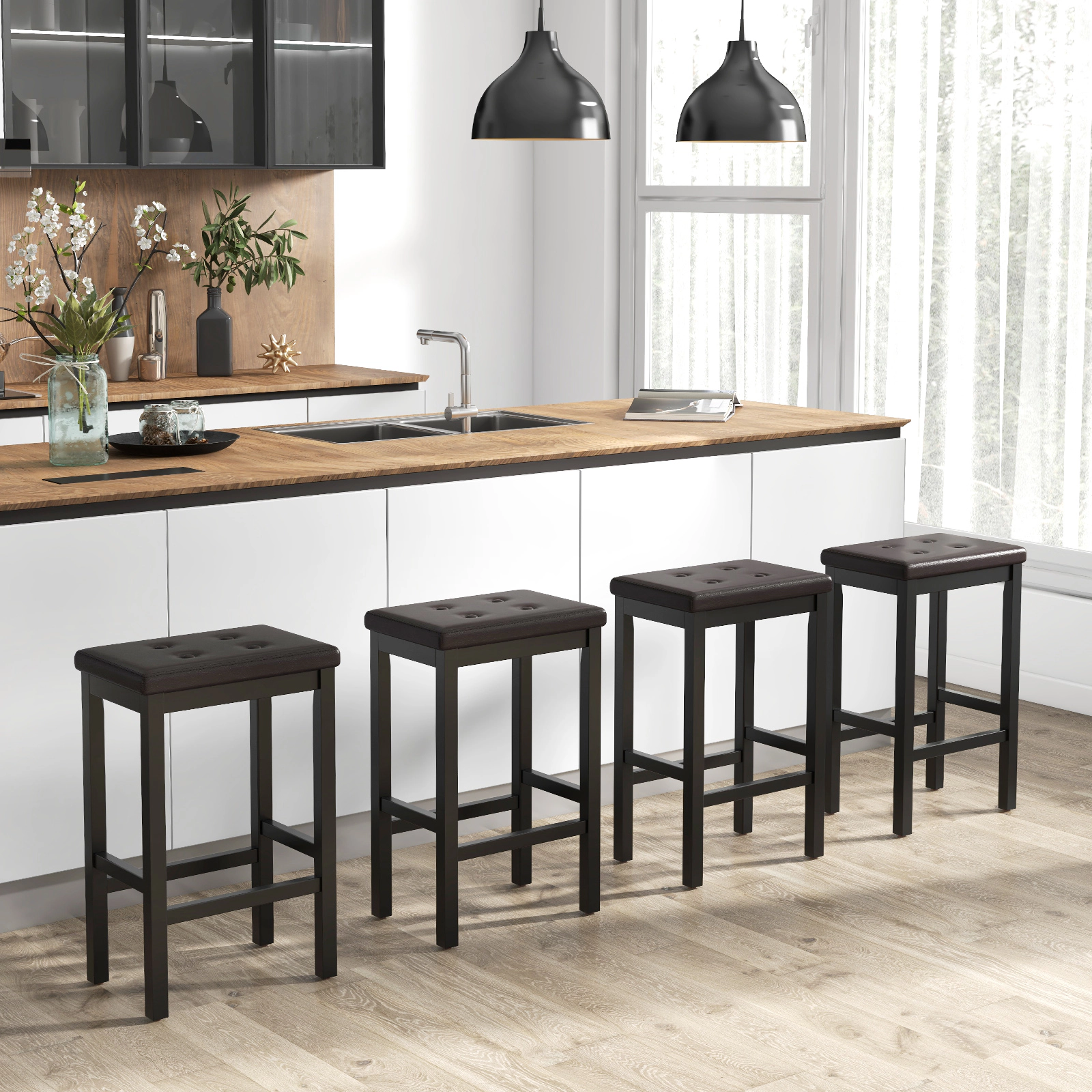 SUGIFT 24-Inch Counter Height Bar Stool with Tufted PVC Leather Seat, Rubber Wood Frame and Footrest