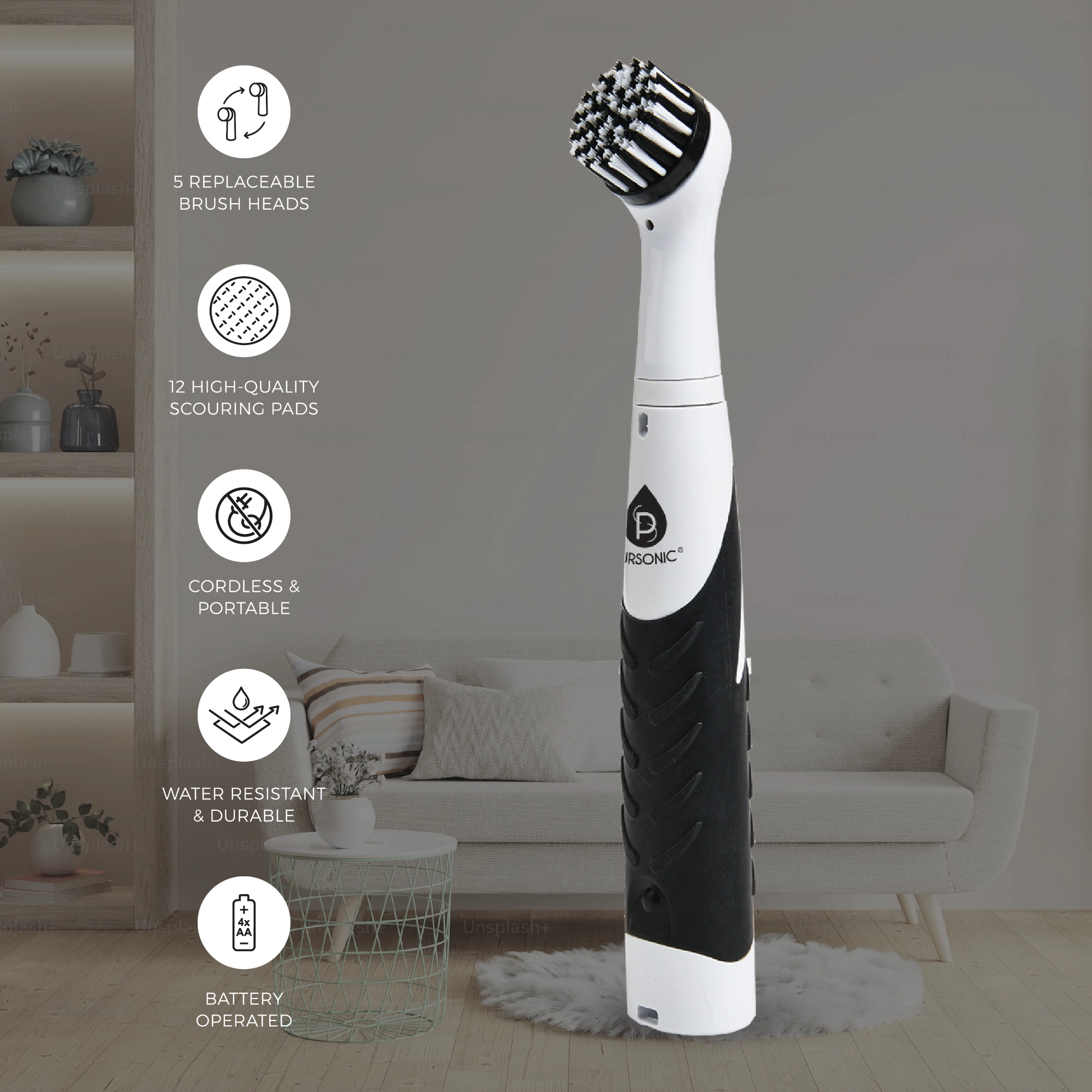 Pursonic Unisex Cordless Electric Power Scrubber Cleaning Brush with Interchangeable Brush Heads