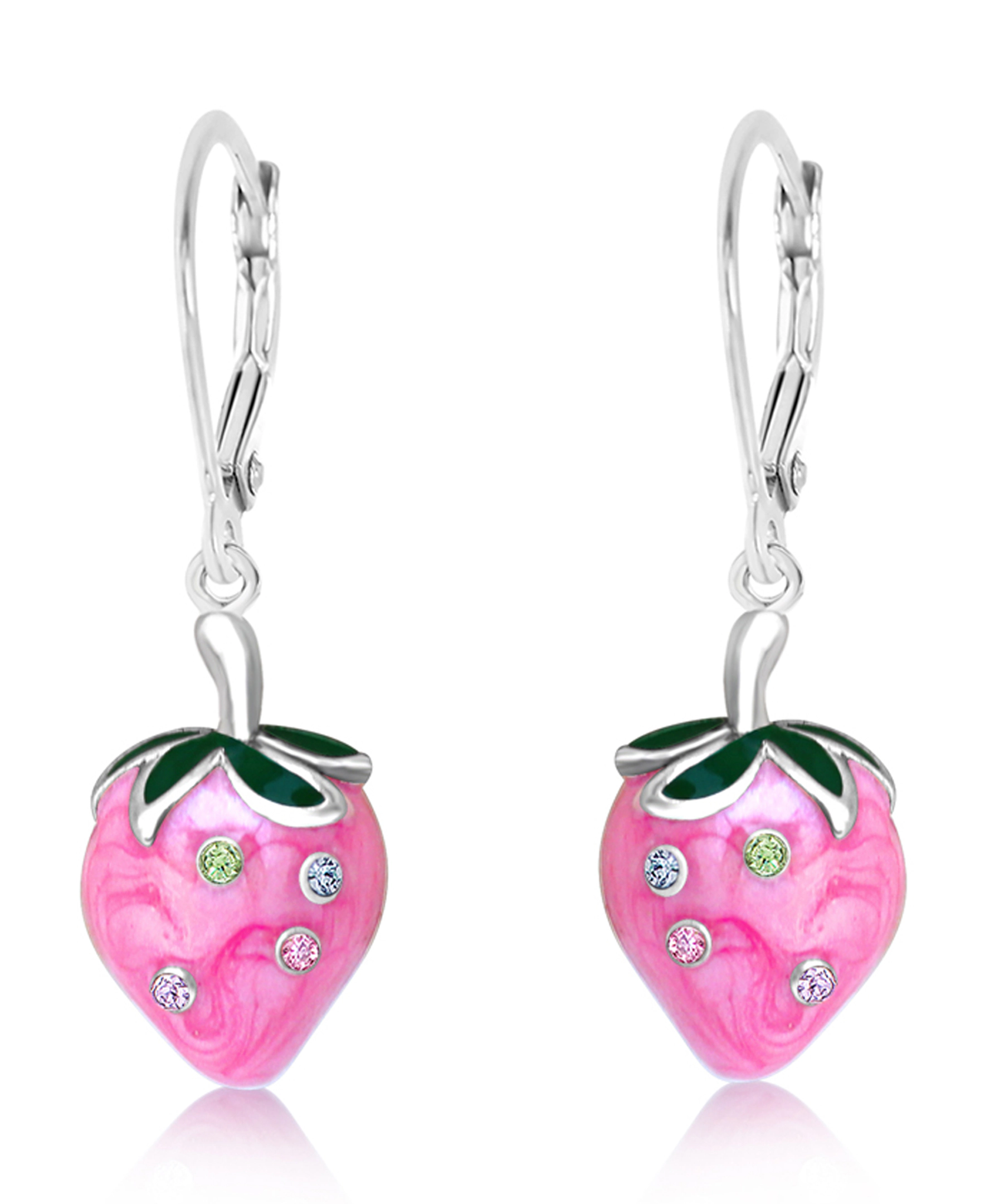 CHANTEUR Kids Strawberry Crystal Leverback Earrings - White Gold Palladium Plating