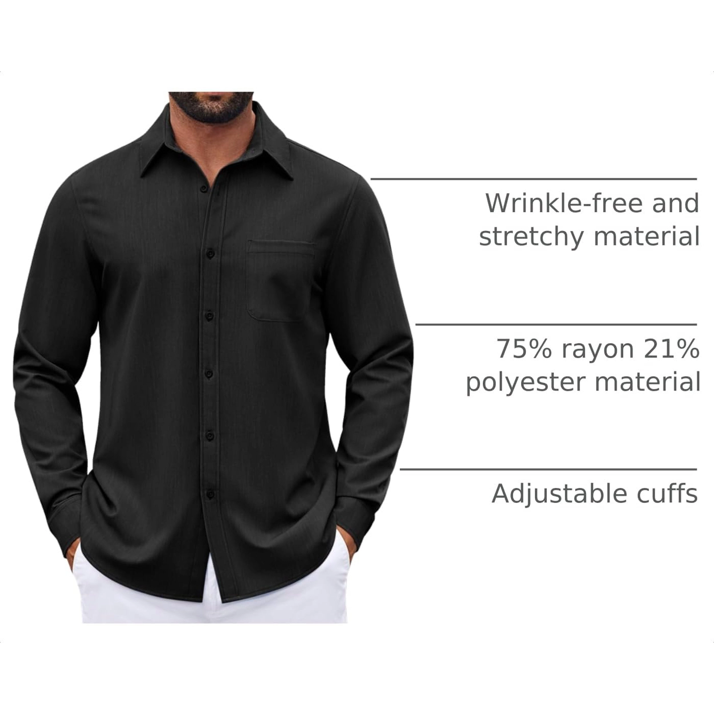 COOFANDY Mens Long Sleeve Button Down Shirt Classic Collar Chest Pocket Casual Tops